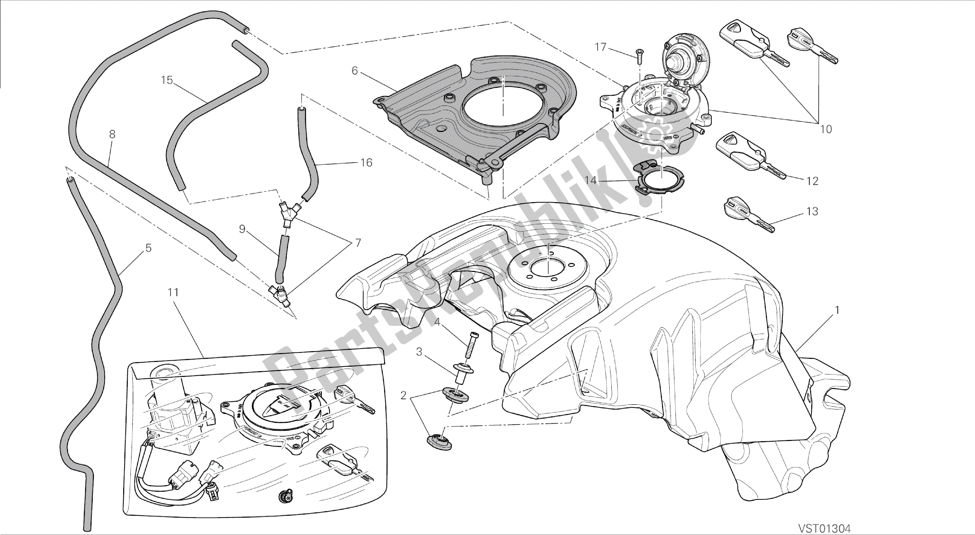 Todas las partes para Dibujo 032 - Tanque De Combustible [mod: Dvl; Xst: Marco De Grupo Aus, Eur, Fra, Jap] de Ducati Diavel 1200 2015
