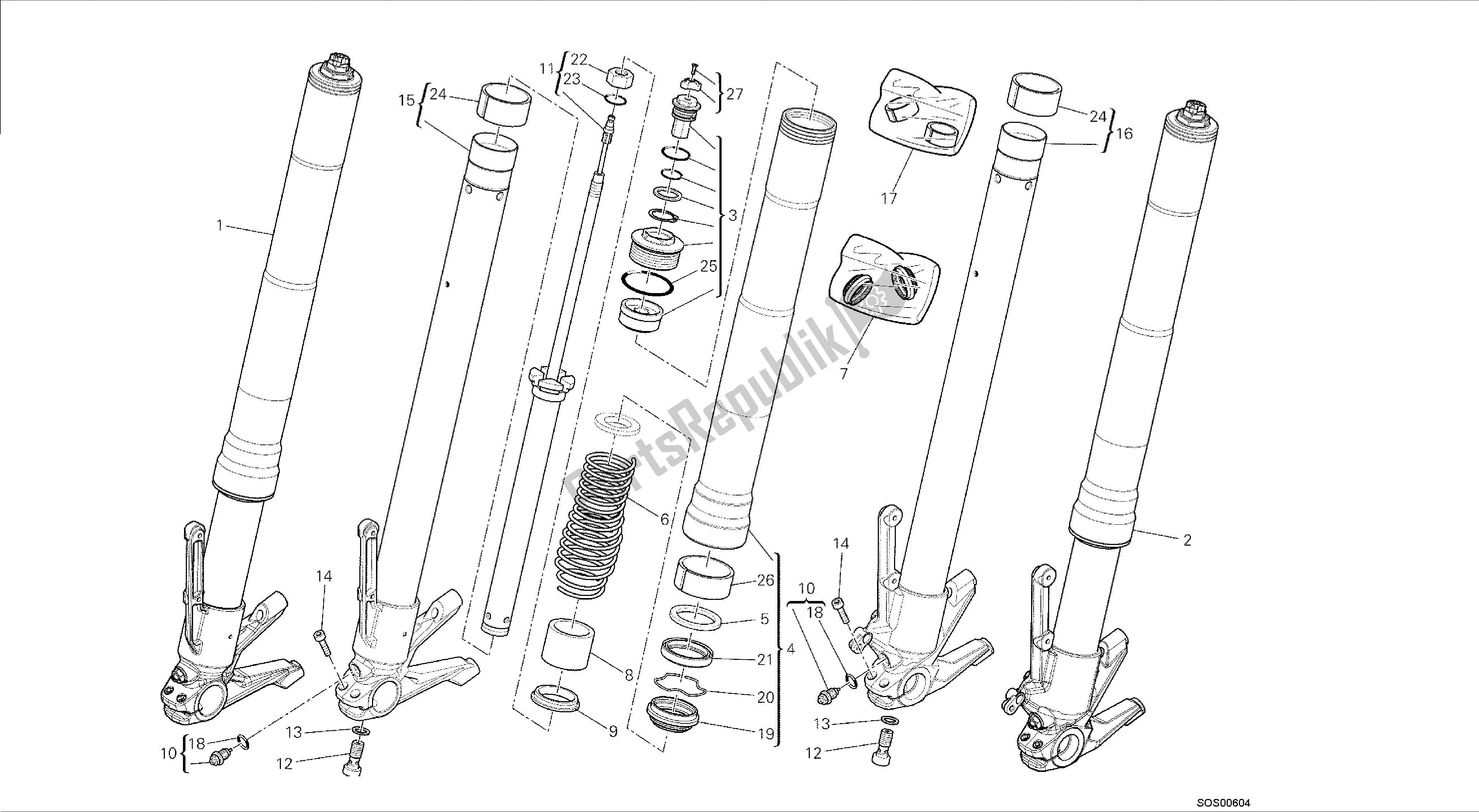 Alle onderdelen voor de Tekening 21a - Voorvork [mod: Dvl; Xst: Aus, Eur, Fra, Jap] Groepsframe van de Ducati Diavel 1200 2015