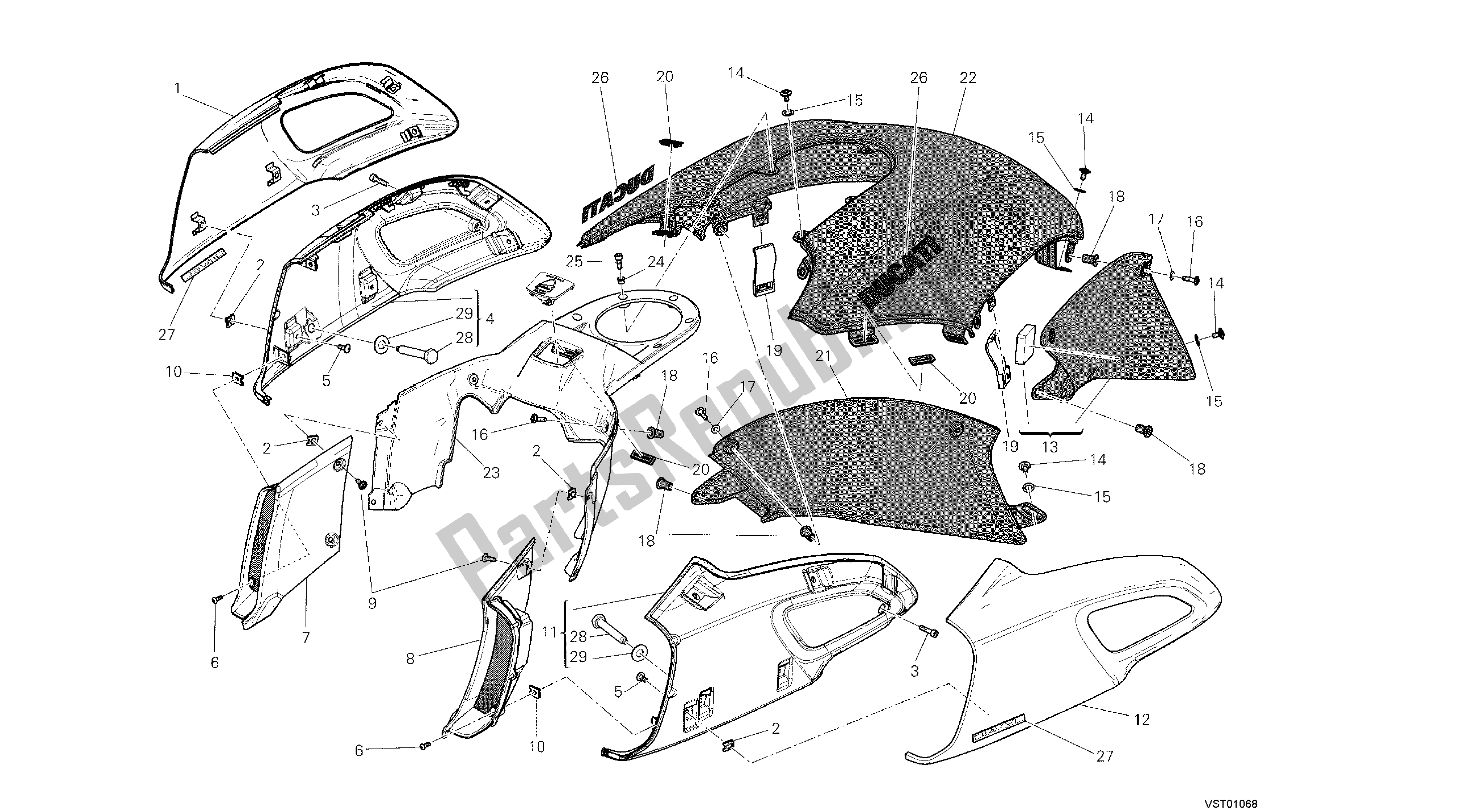 All parts for the Drawing 034 - Covers, Tank [mod:dvl;xs T:a Us, Bra ,ch N,e Ur,f Ra, Jap ,th Ai] Group Fr Ame of the Ducati Diavel 1200 2013