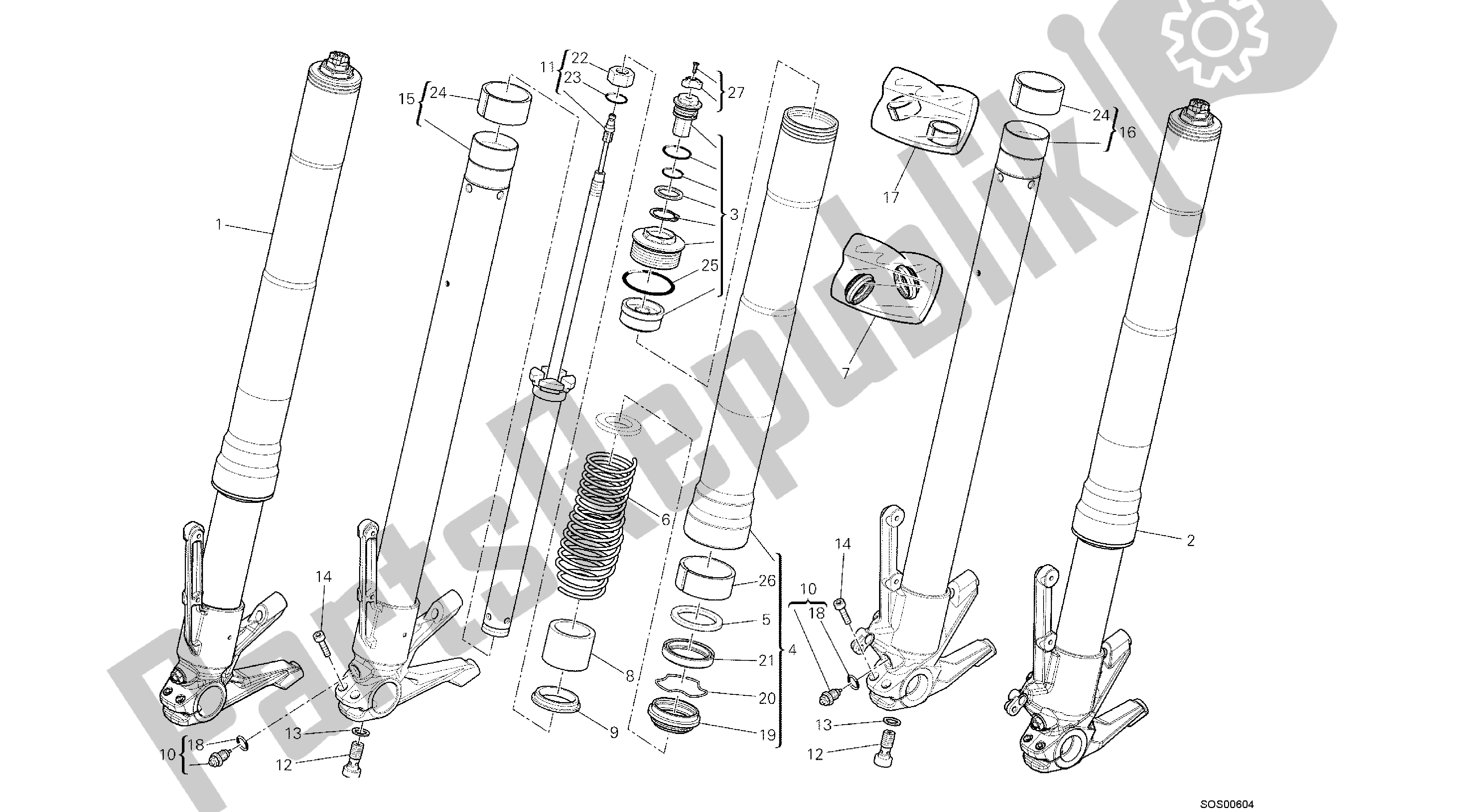 Alle onderdelen voor de Tekening 21a - Voorvork [mod: Dvl; Xs T: Au S, Bra, Eur, Fra, Jap, T Hai] Groep Fr Ame van de Ducati Diavel 1200 2013