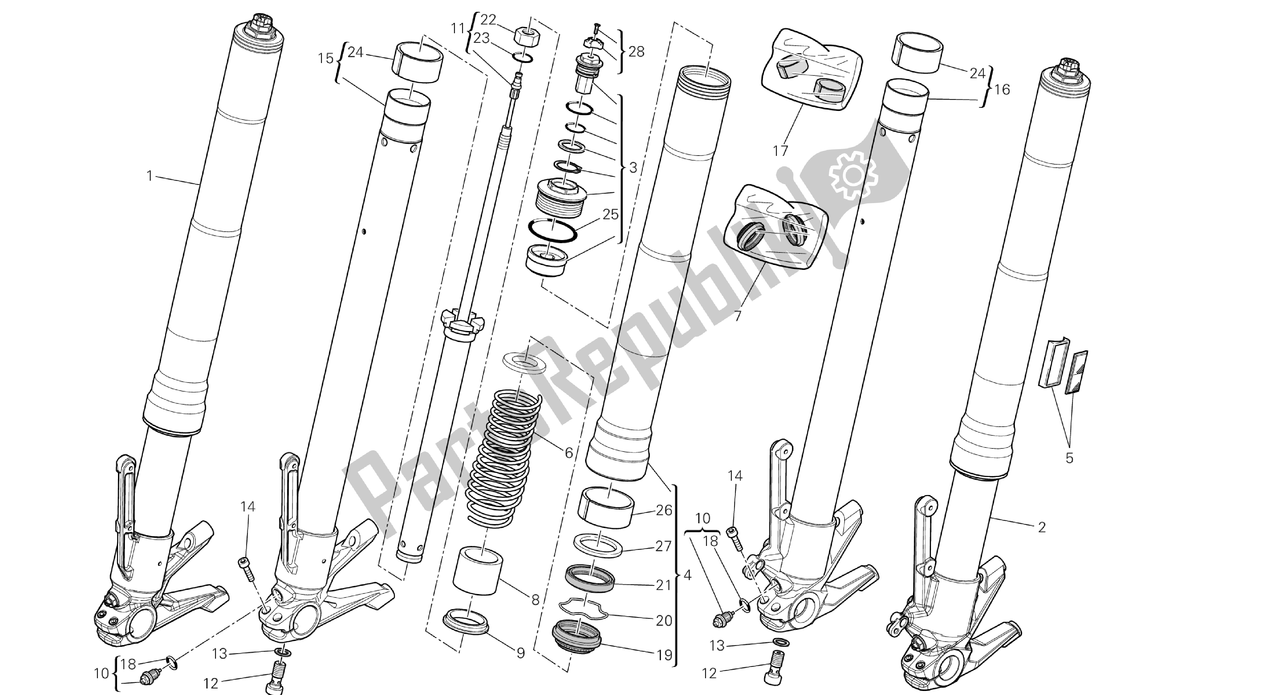 Alle onderdelen voor de Tekening 21a - Voorvork [mod: Dvl; Xst: Chn] Groep Fr Ame van de Ducati Diavel 1200 2013