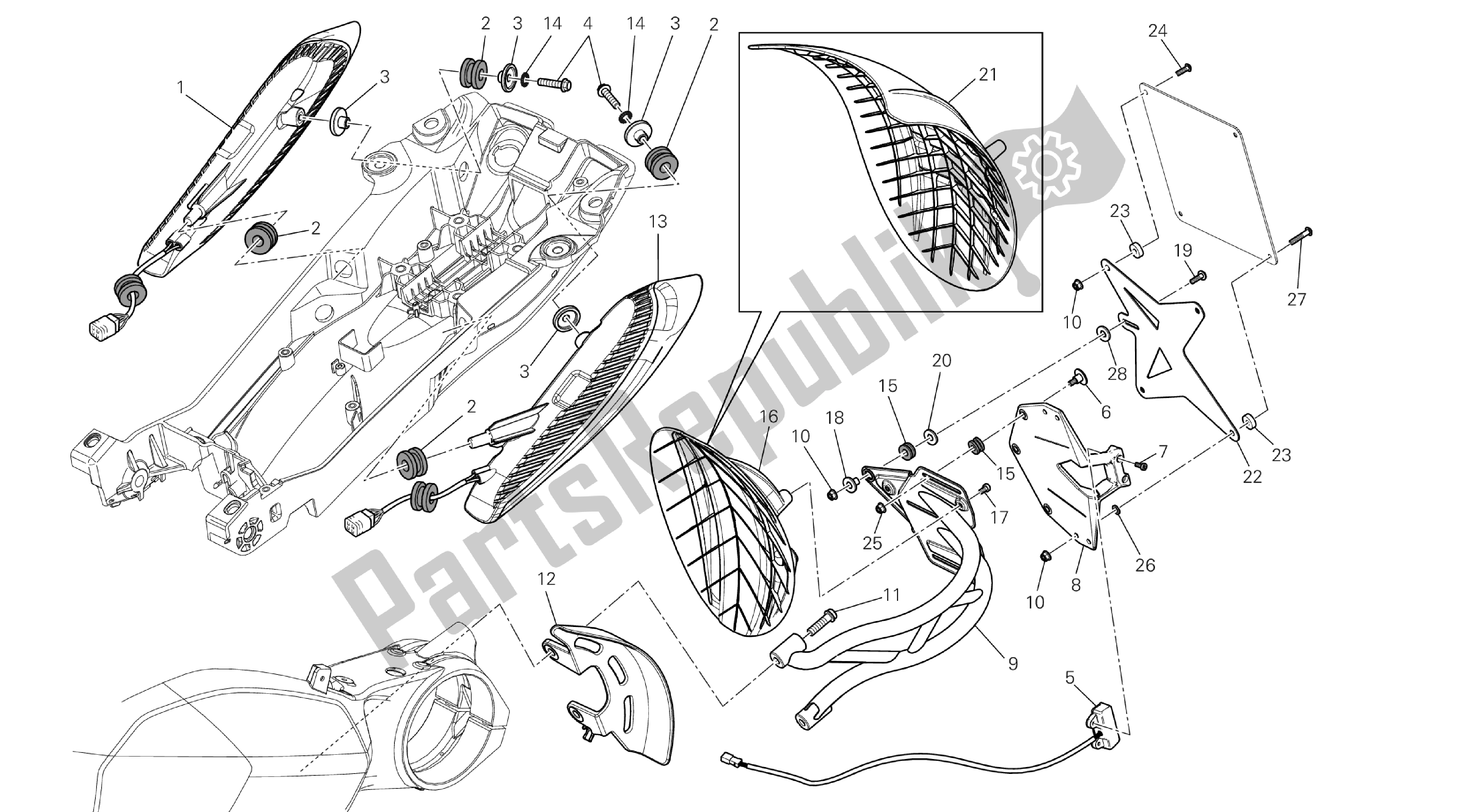 Toutes les pièces pour le Dessin 27a - Portatarga - Fanale Posteriore [mod: Dvl; Xs T: A Us, Bra, Ch N, E Ur, F Ra, Jap, Th Ai] Group Electric du Ducati Diavel 1200 2013