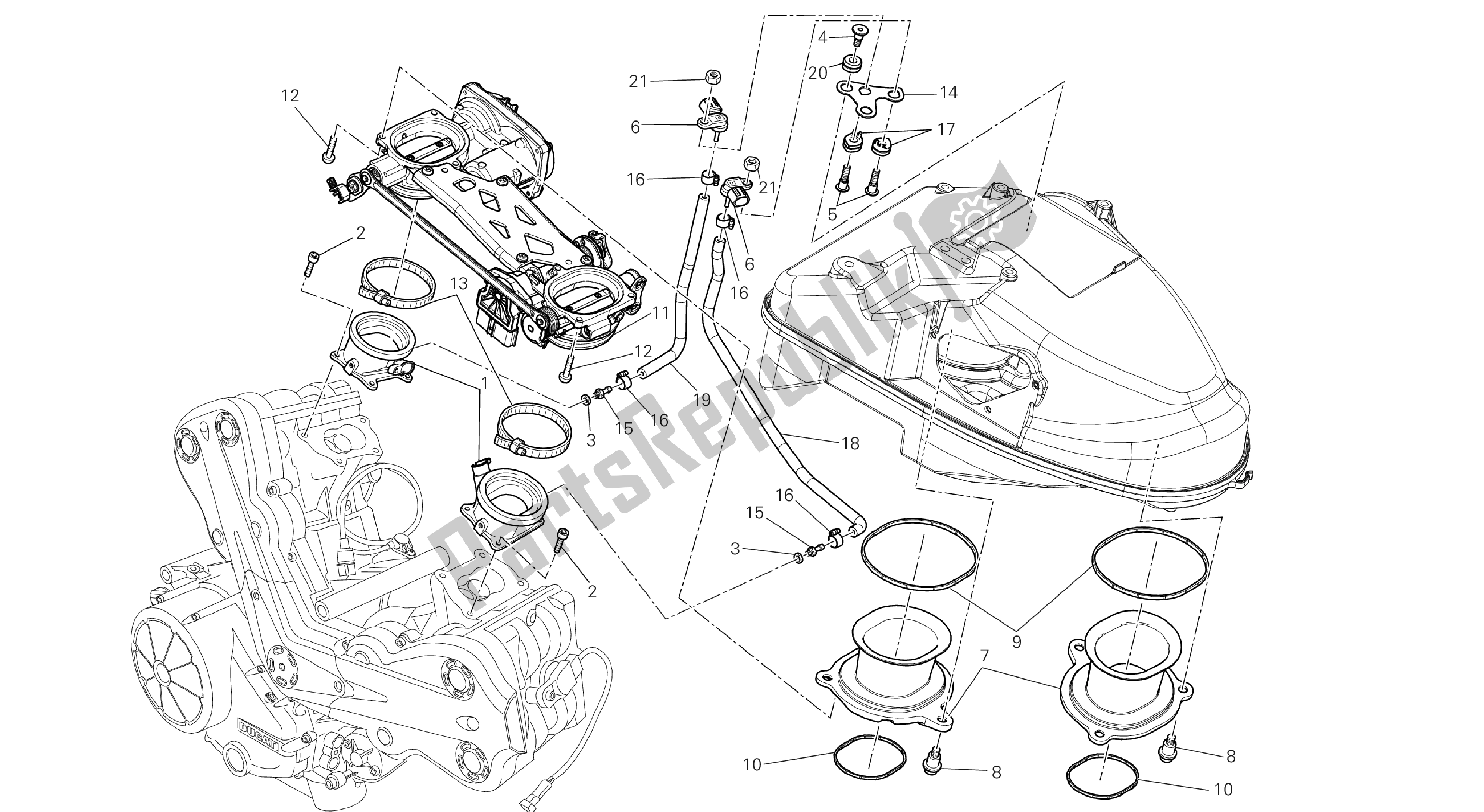 Alle onderdelen voor de Tekening 017 - Gasklephuis [mod: Div; St: C Hn, Thai] Groepsmotor van de Ducati Diavel 1200 2013