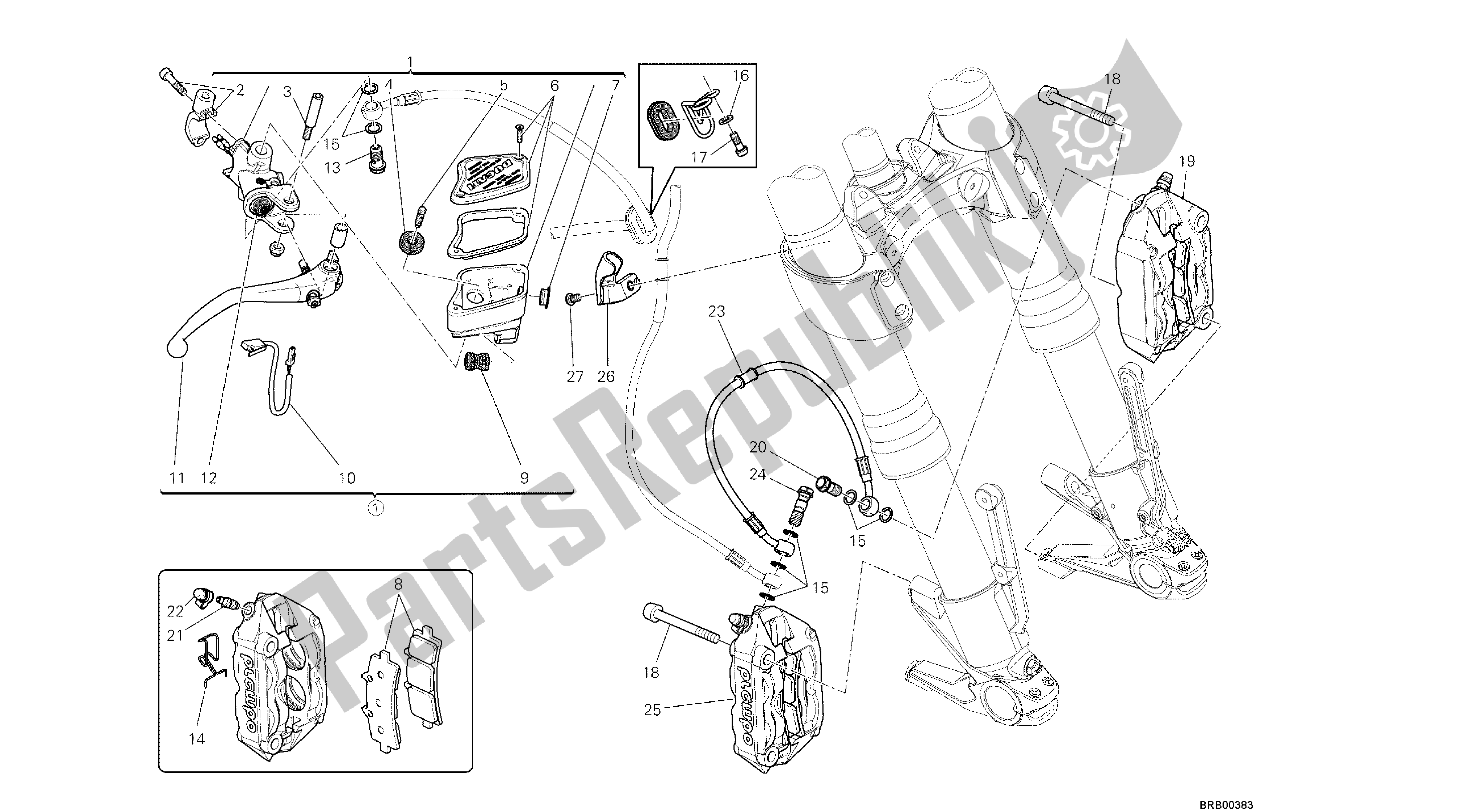 Todas as partes de Desenho 024 - Sistema De Freio Dianteiro [mod: Dvl; Xs T: A Us, Bra, Ch N, E Ur, F Ra, Jap, Th Ai] Grupo Fr Ame do Ducati Diavel 1200 2013