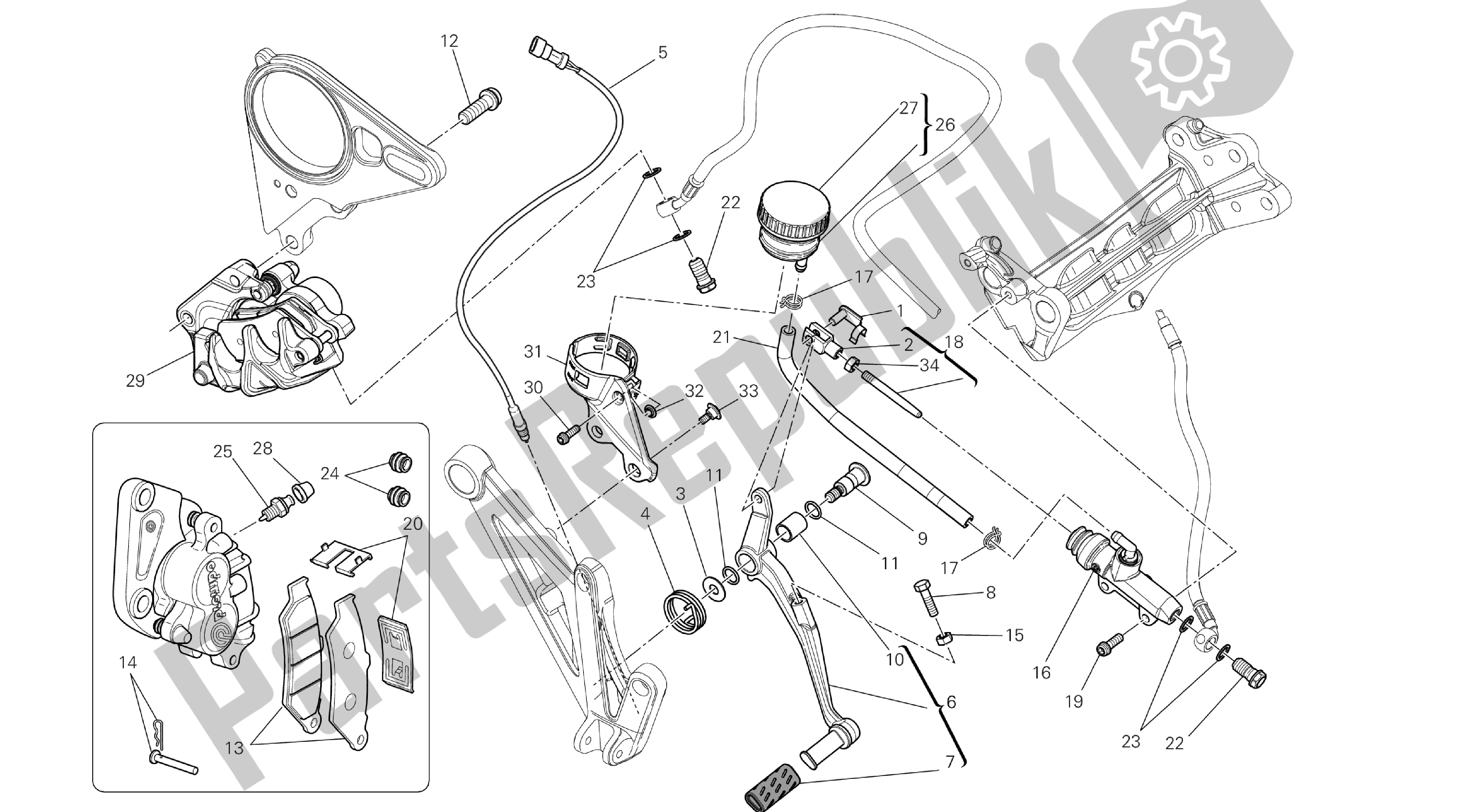 Tutte le parti per il Disegno 025 - Sistema Frenante Posteriore [mod: Dvl; Xs T: A Us, Bra, Ch N, E Ur, F Ra, Jap, Th Ai] Group Fr Ame del Ducati Diavel 1200 2013