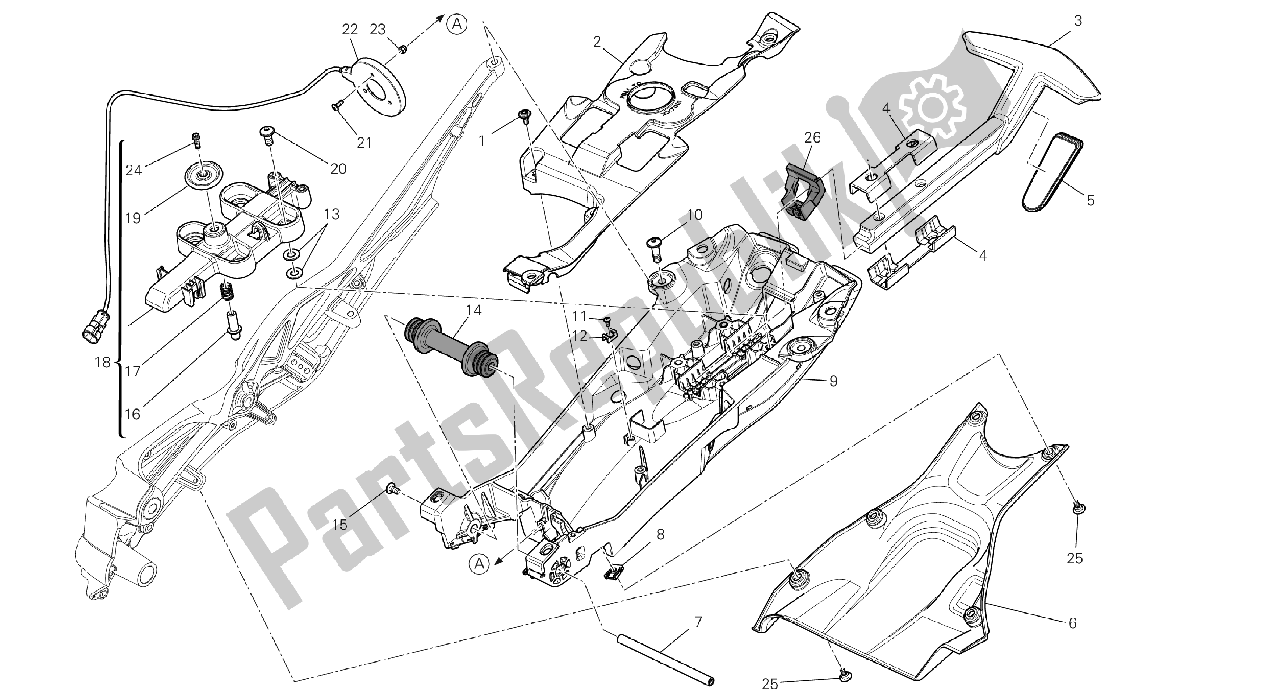 Tutte le parti per il Disegno 027 - Telaio Posteriore Comp. [mod: Dvl; Xs T: A Us, Bra, Ch N, E Ur, F Ra, Jap, Th Ai] Group Fr Ame del Ducati Diavel 1200 2013