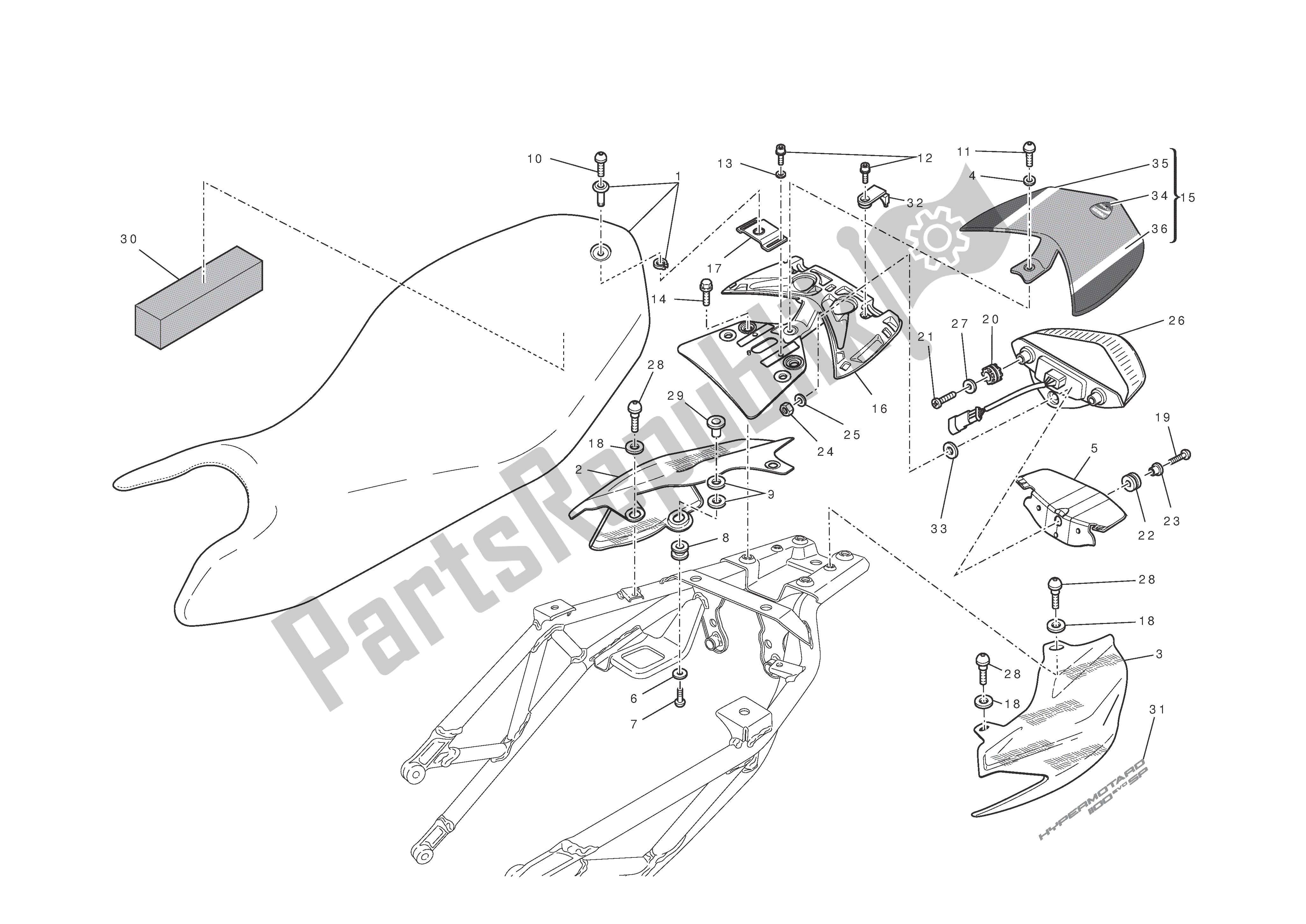 Alle onderdelen voor de Stoel - Achterlicht van de Ducati Hypermotard EVO SP Corse Edition 1100 2012