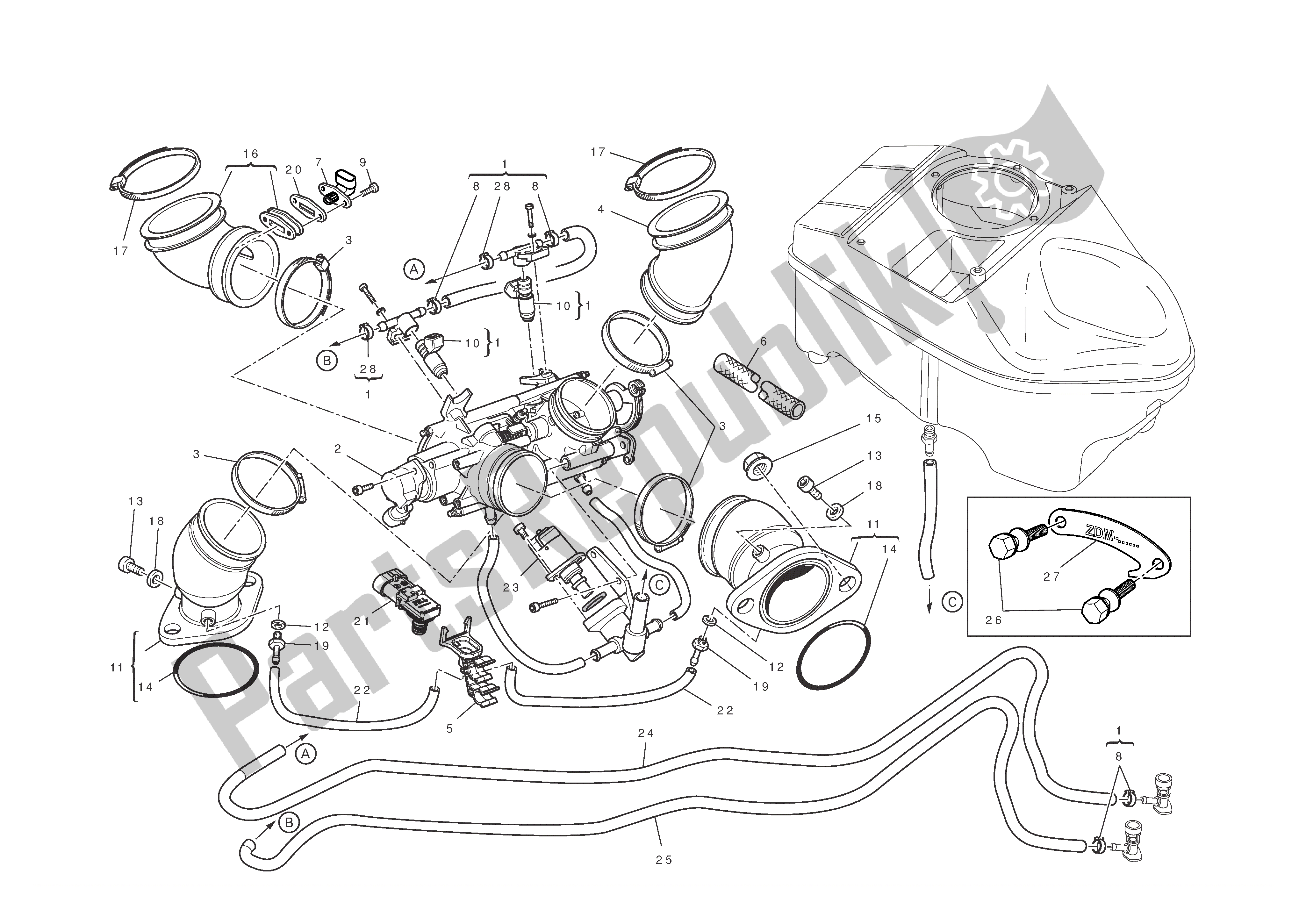 Alle onderdelen voor de Inlaatspruitstukken van de Ducati Hypermotard 796 2012