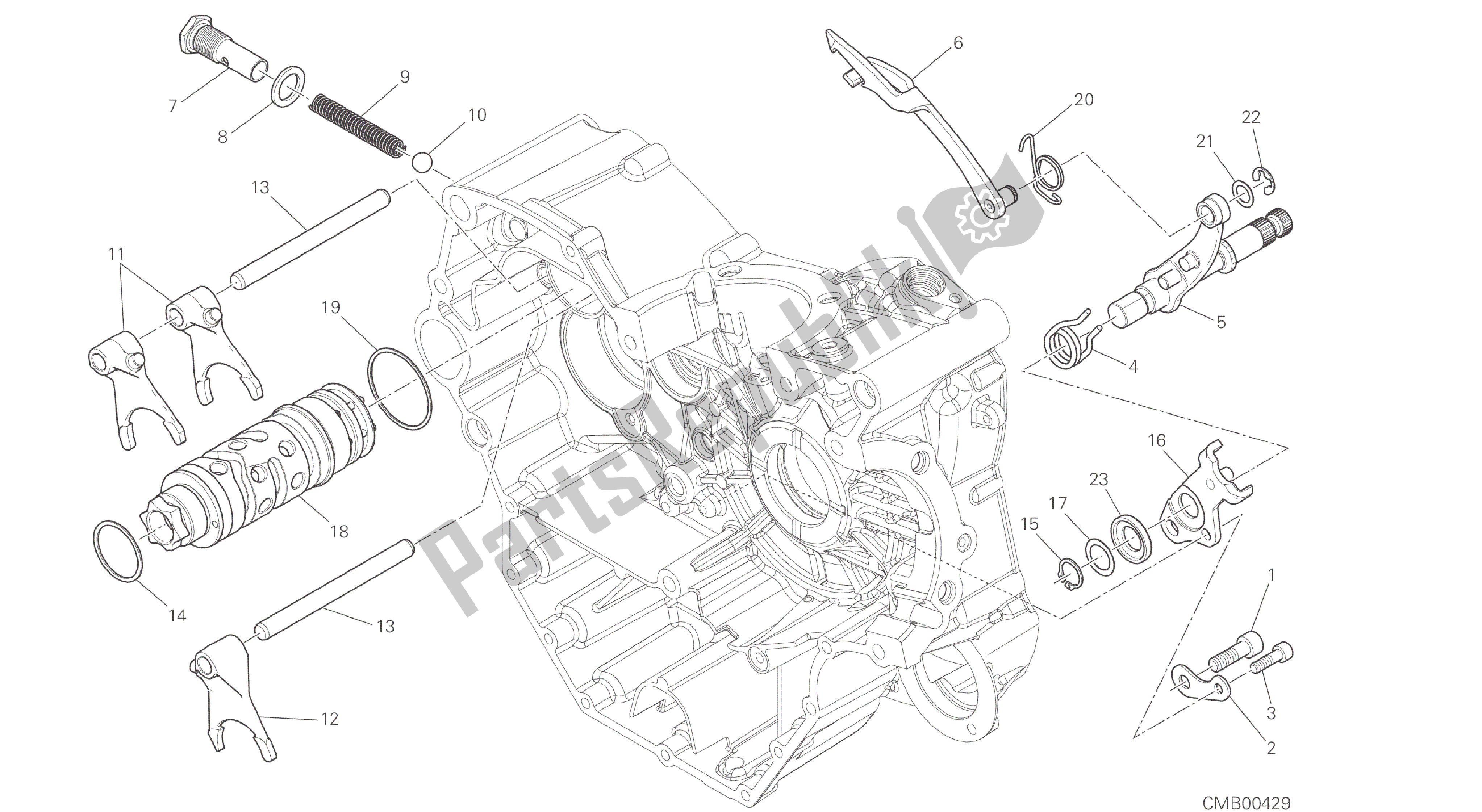 Alle onderdelen voor de Tekening 002 - Schakelnok - Vork [mod: Hym; Xst: Aus, Eur, Fra, Jap, Twn] Groepsmotor van de Ducati Hypermotard 821 2015