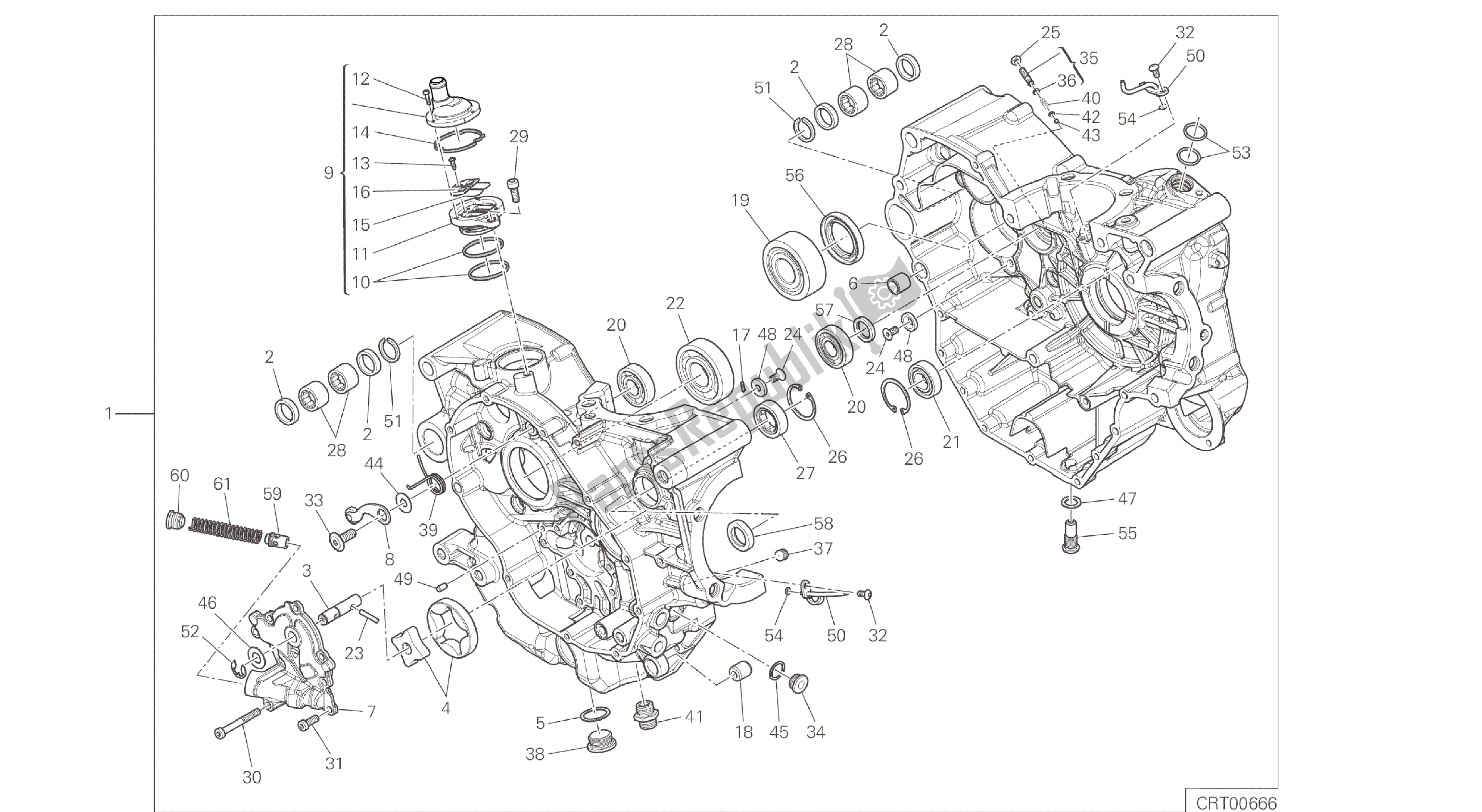 Todas as partes de Desenho 010 - Par De Meio Cárteres [mod: Hm; Xst: Aus, Eur, Fra, Jap, Twn] Motor De Grupo do Ducati Hypermotard 821 2015