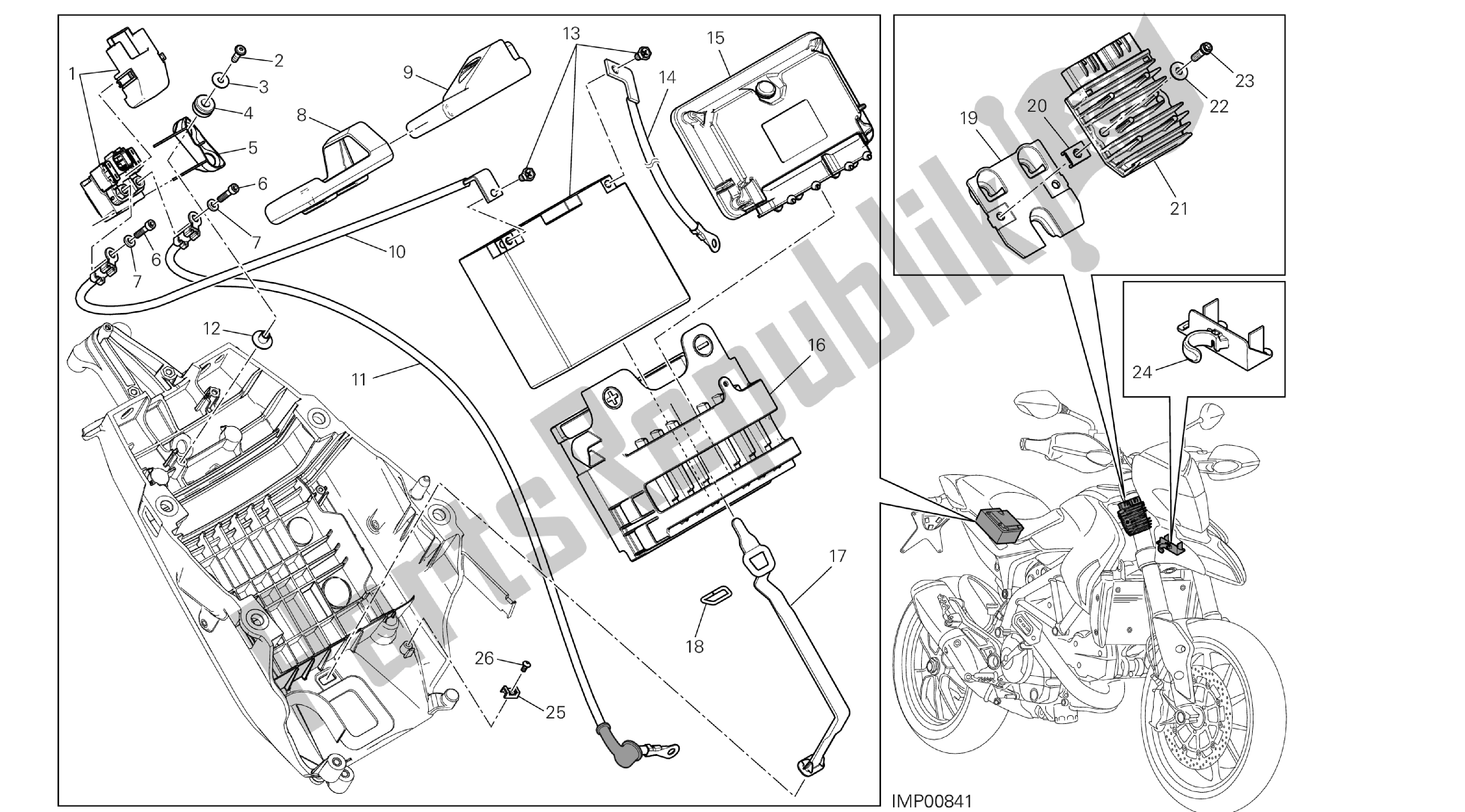 Todas las partes para Dibujo 18a - Soporte De Batería [mod: Hyp Str; Xst: Aus, Eur, Fra, Jap] Group Electric de Ducati Hypermotard SP 821 2013