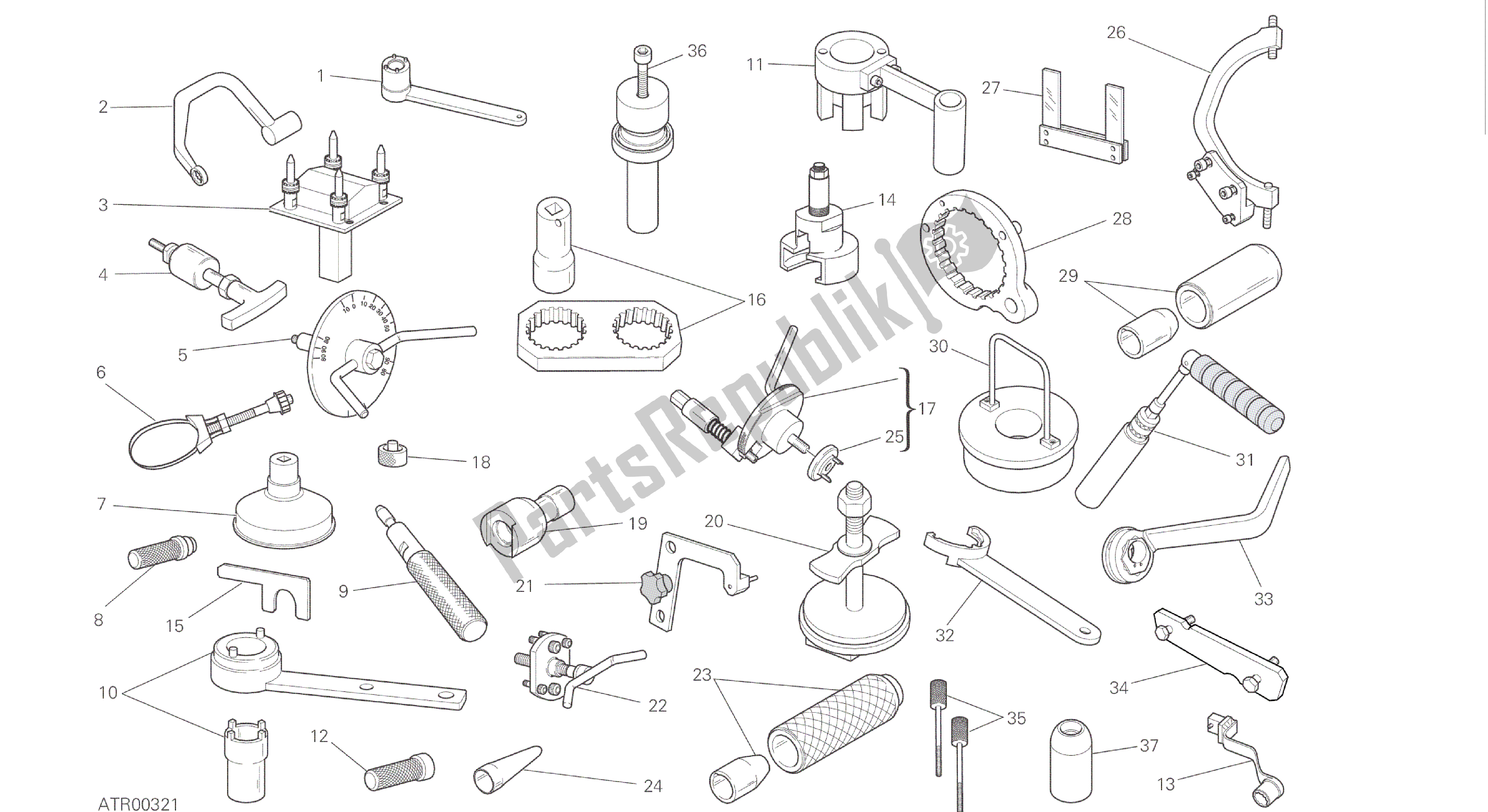 Todas as partes de Desenho 001 - Ferramentas De Serviço De Oficina (motor) [mod: Hym-sp; Xst: Aus, Eur, Fra, Jap] Ferramentas De Grupo do Ducati Hypermotard SP 821 2015