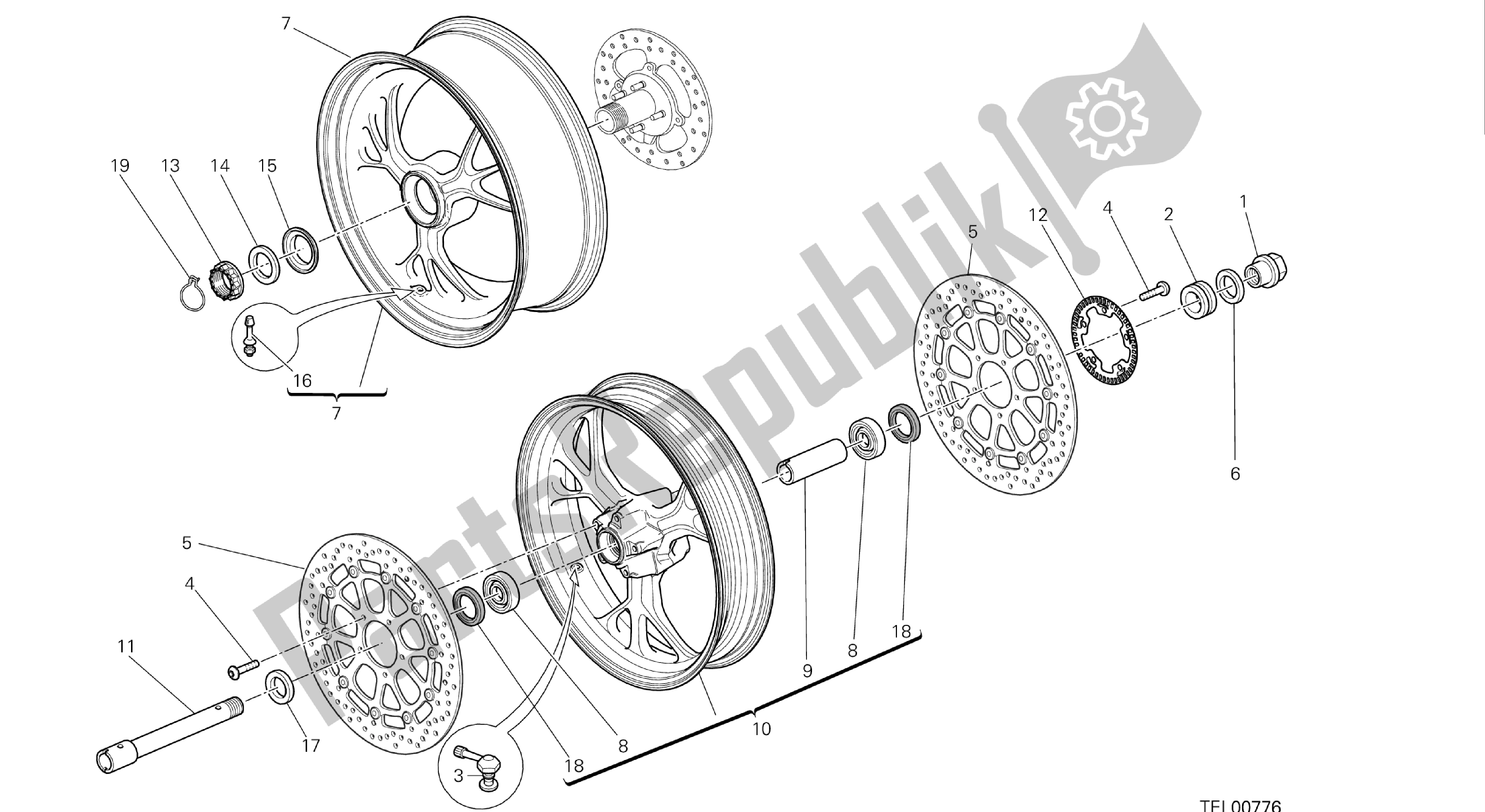 Todas as partes de Desenho 026 - Ruota Anteriore E Posteriore [mod: Hym- Sp; Xst: Aus, Eur, Fra, Jap] Grupo Fr Ame do Ducati Hypermotard 821 2013