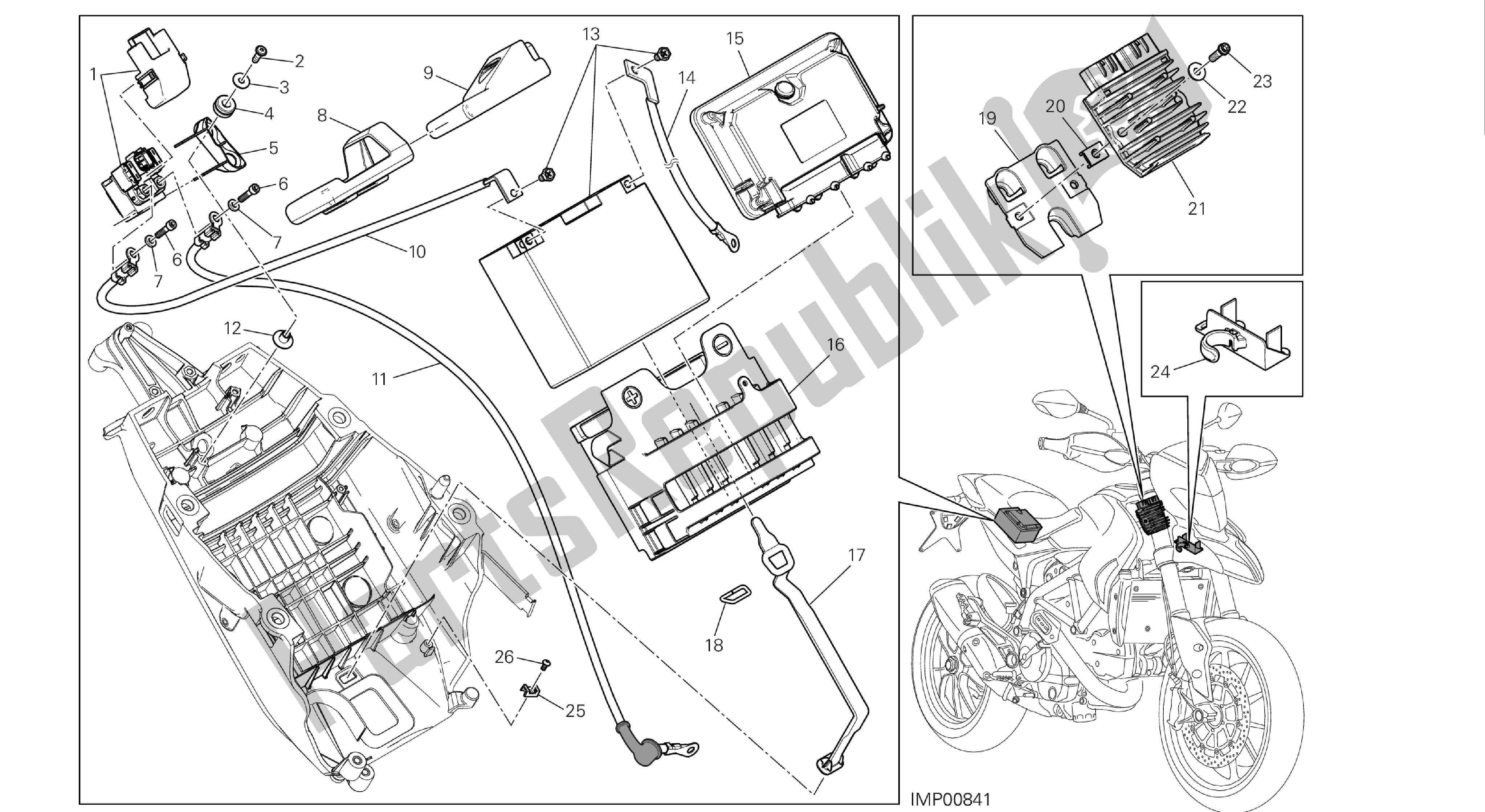 Tutte le parti per il Disegno 18a - Portabatterie [mod: Hym-sp; Xst: Aus, Eur, Fra, Jap] Gruppo Elettrico del Ducati Hypermotard 821 2013