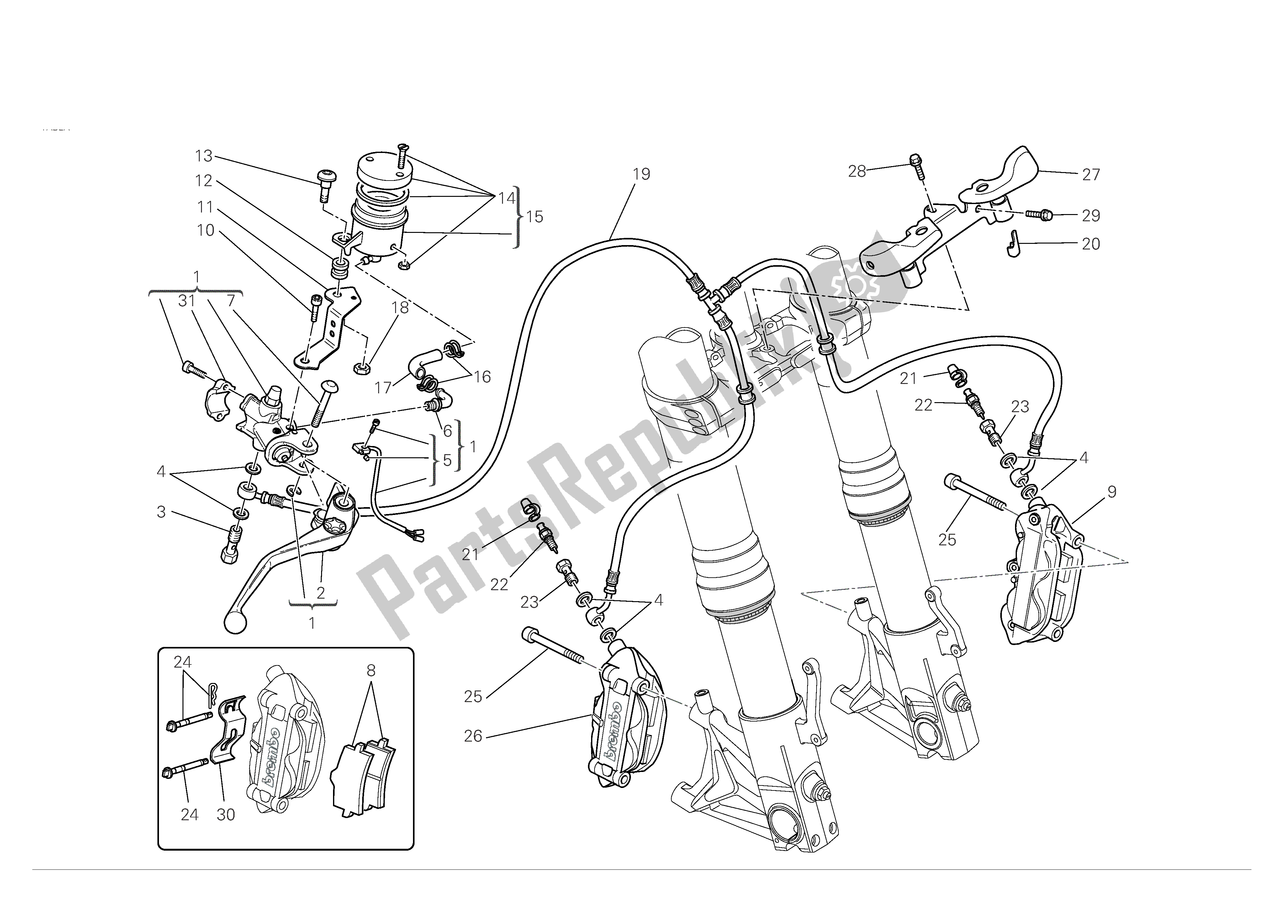 Alle onderdelen voor de Voor Rem van de Ducati Hypermotard 1100 2008