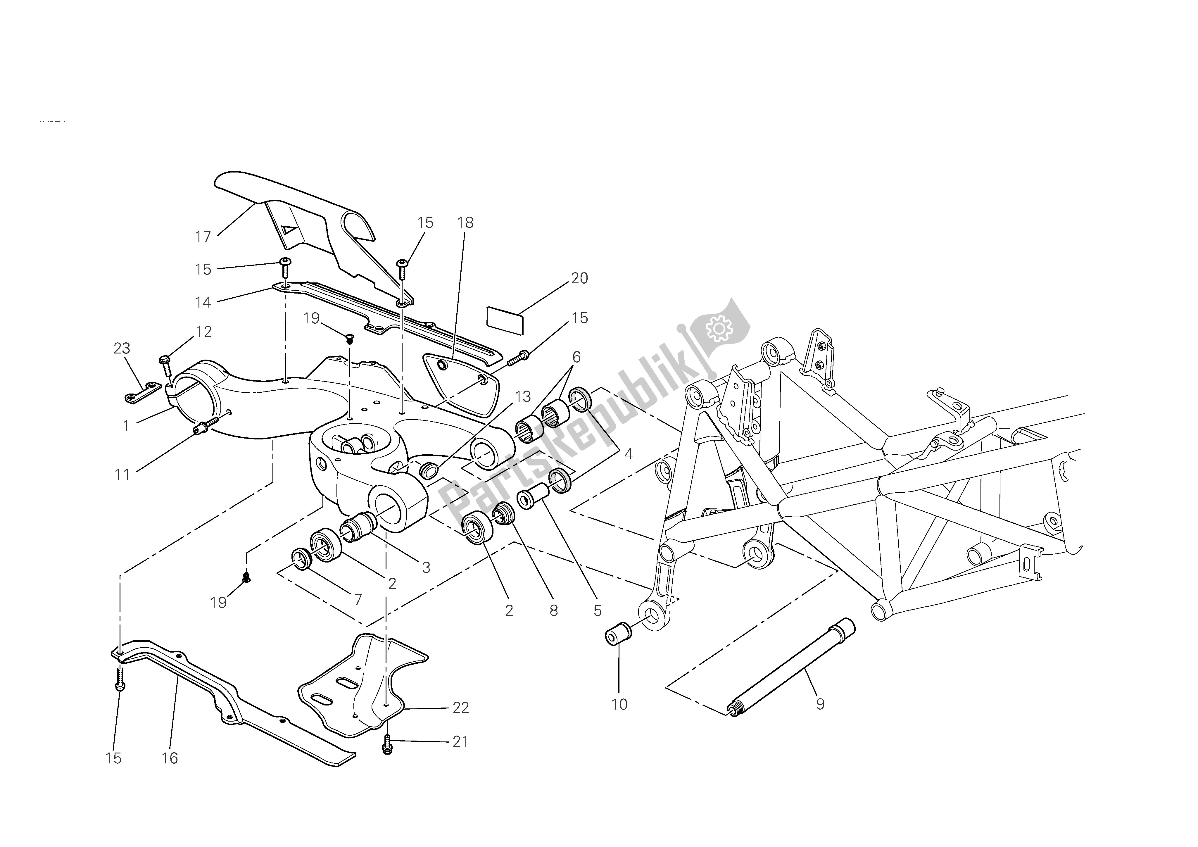 Alle onderdelen voor de Achterbrug van de Ducati Hypermotard 1100 2008