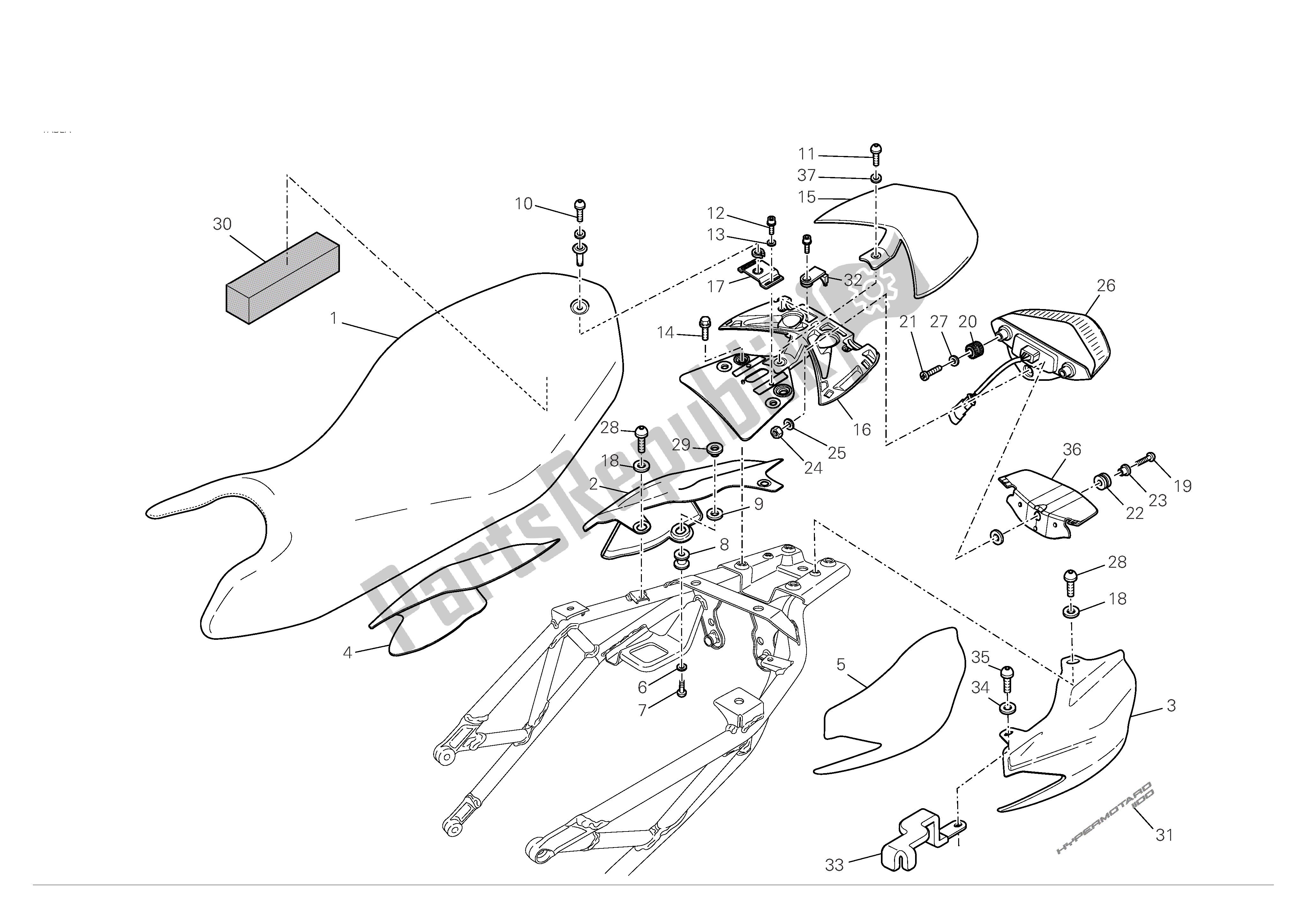 Alle onderdelen voor de Stoel - Achterlicht van de Ducati Hypermotard 1100 2008