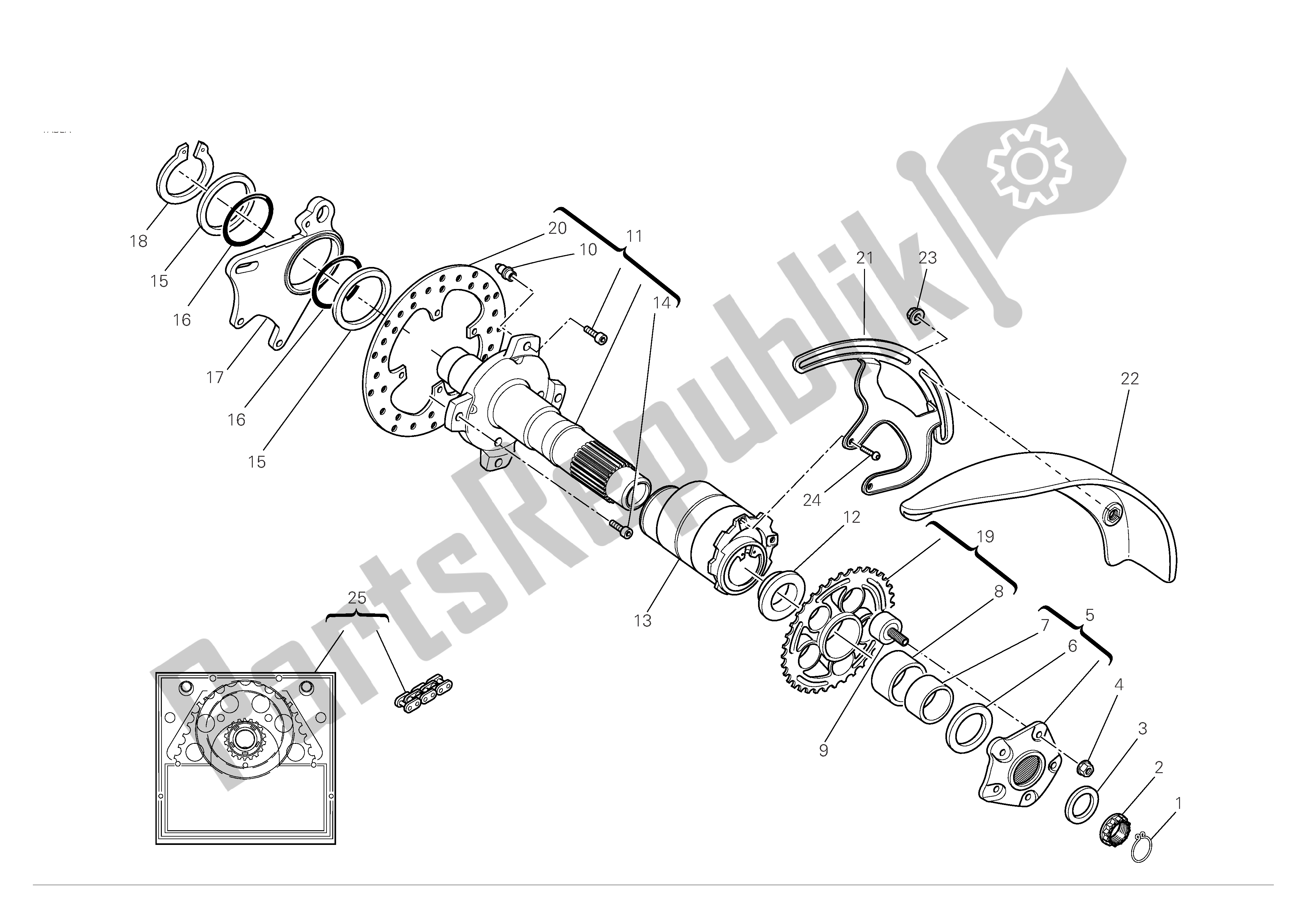 Tutte le parti per il Asse Ruota Posteriore del Ducati Hypermotard 1100 2008