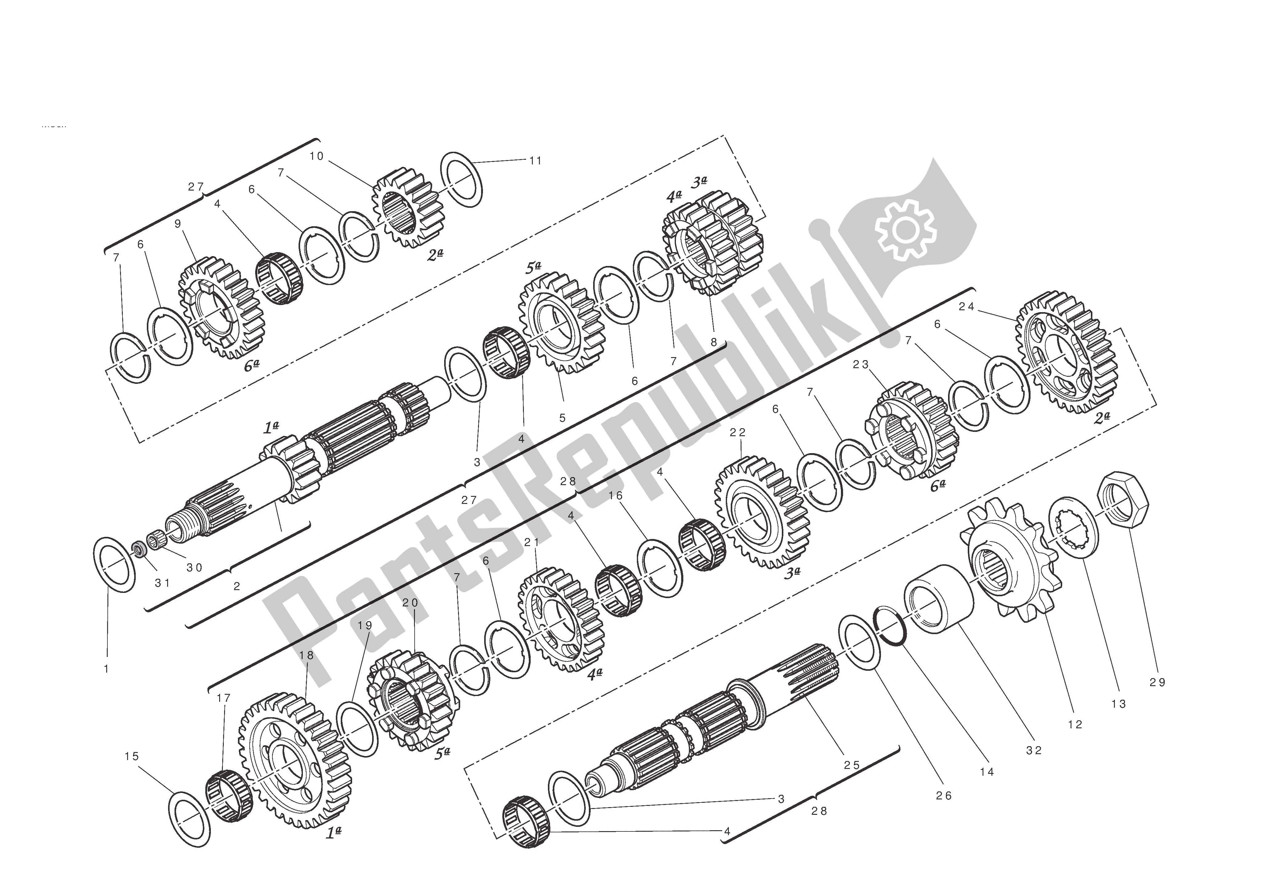 All parts for the Gearbox of the Ducati Hypermotard EVO 1100 2010