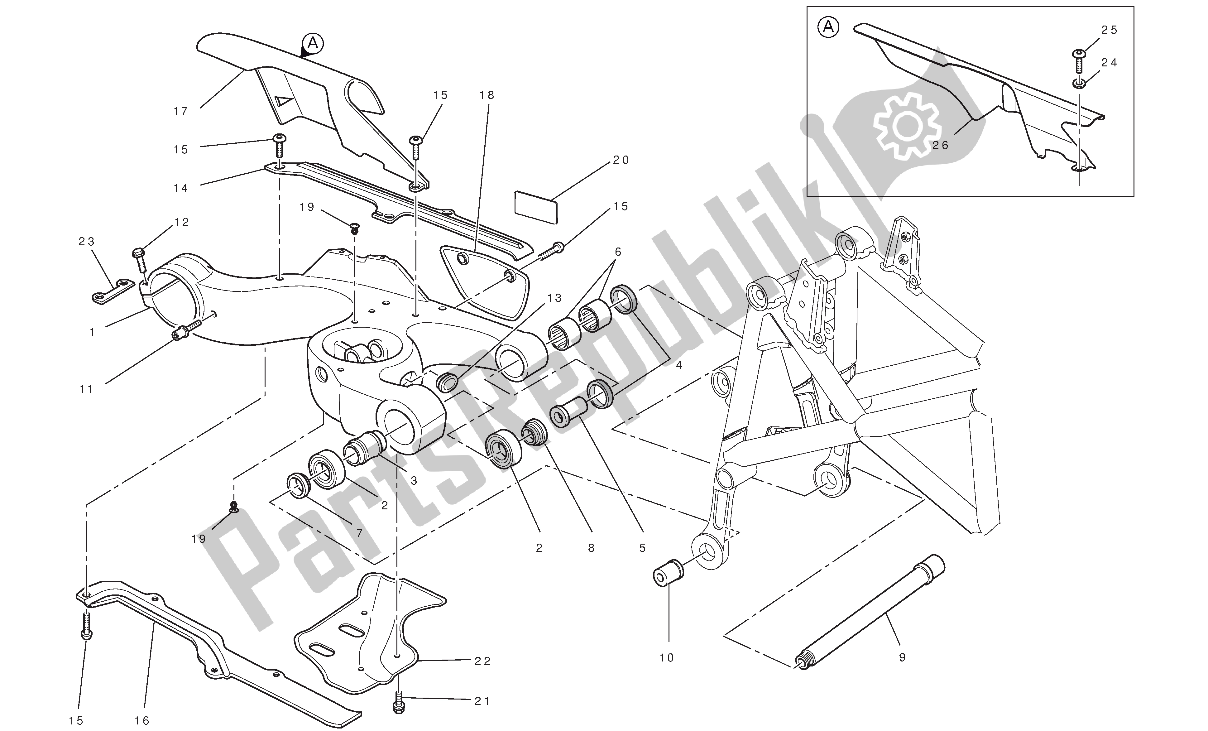 All parts for the Swingarm of the Ducati Hypermotard 796 2010