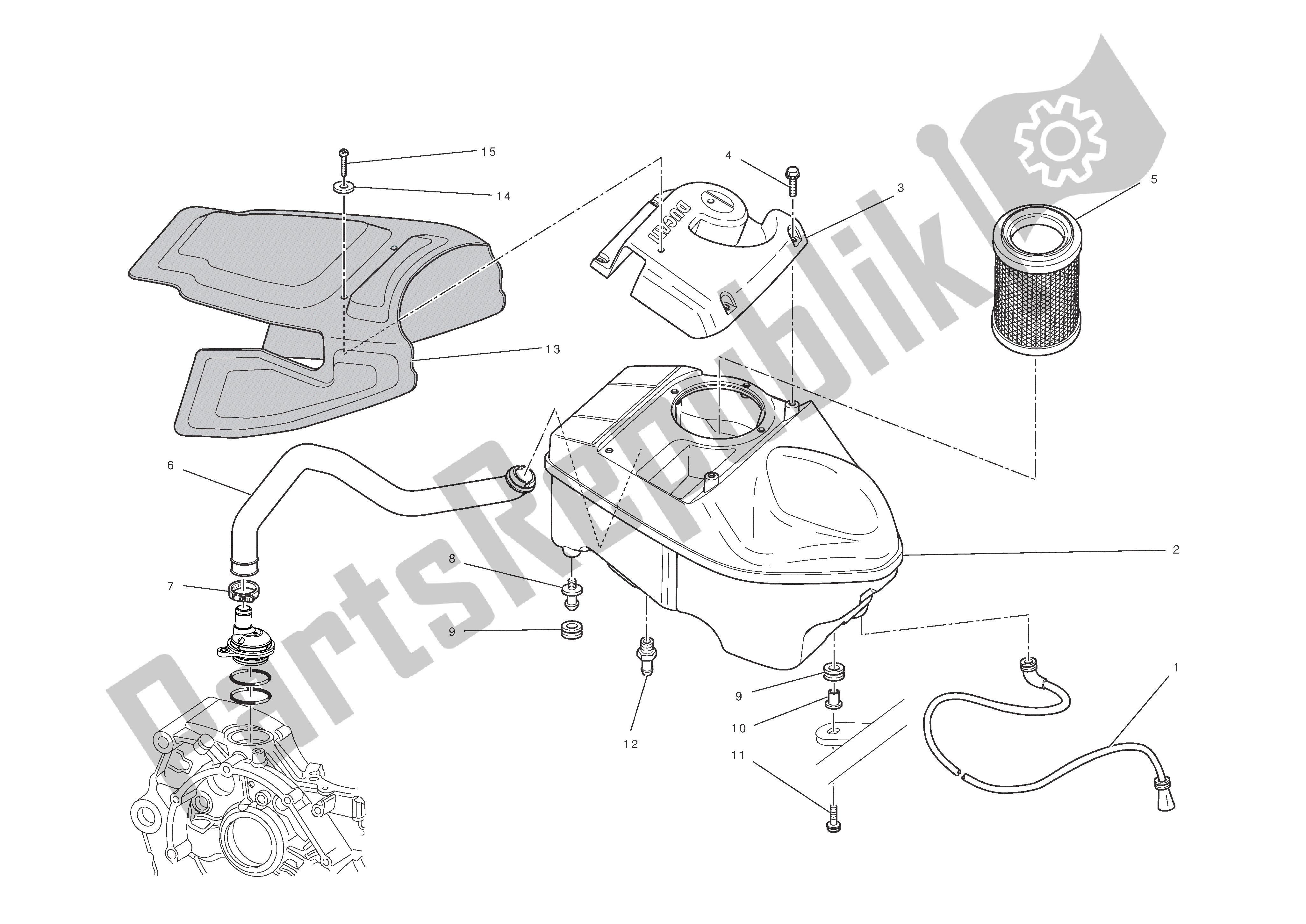 Alle onderdelen voor de Luchtinlaat - Olie-ontluchter van de Ducati Hypermotard 796 2011