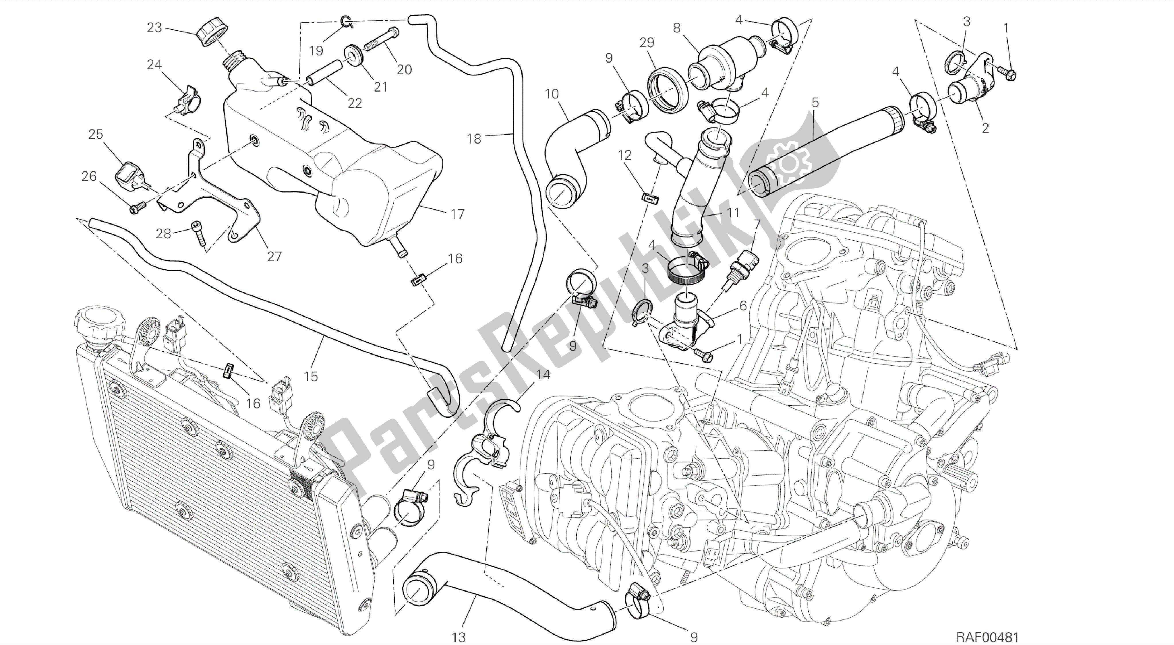 Todas as partes de Desenho 031 - Circuito De Resfriamento [mod: Hym; Xst: Aus, Chn, Eur, Fra, Jap, Tha, Twn] Quadro De Grupo do Ducati Hypermotard 821 2014
