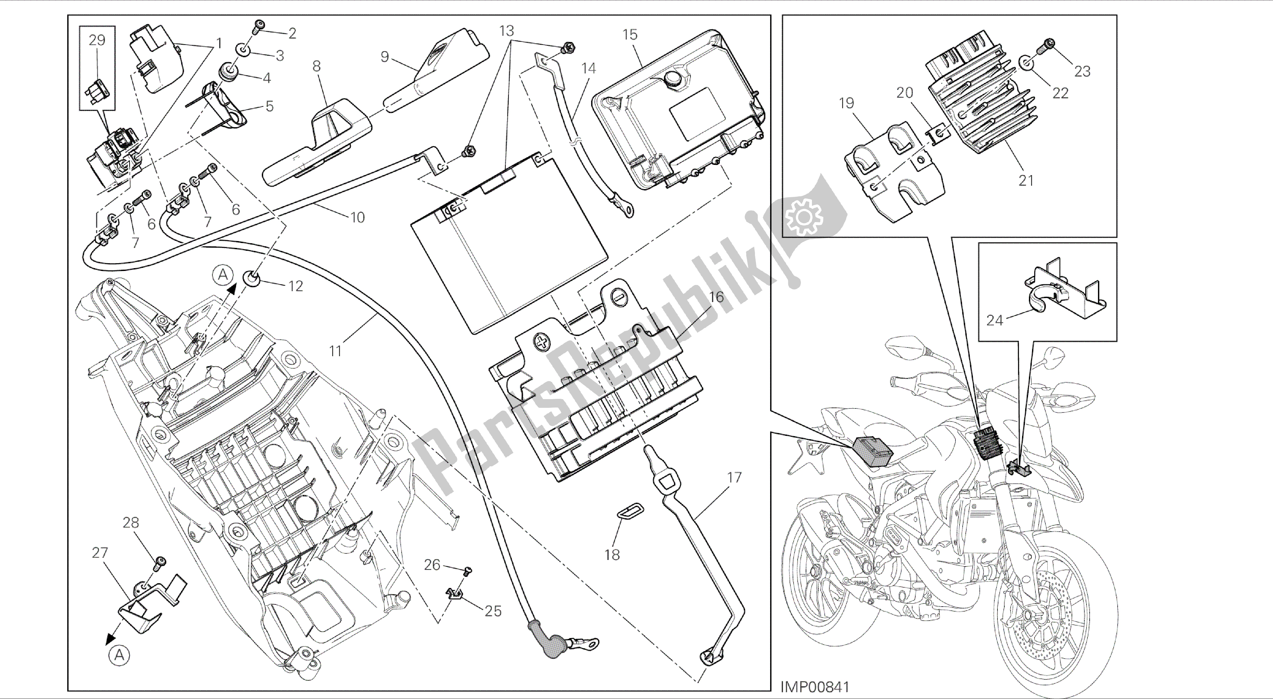 Todas as partes de Desenho 18a - Porta-bateria [mod: Hym; Xst: Aus, Chn, Eur, Fra, Jap, Tha, Twn] Grupo Elétrico do Ducati Hypermotard 821 2014