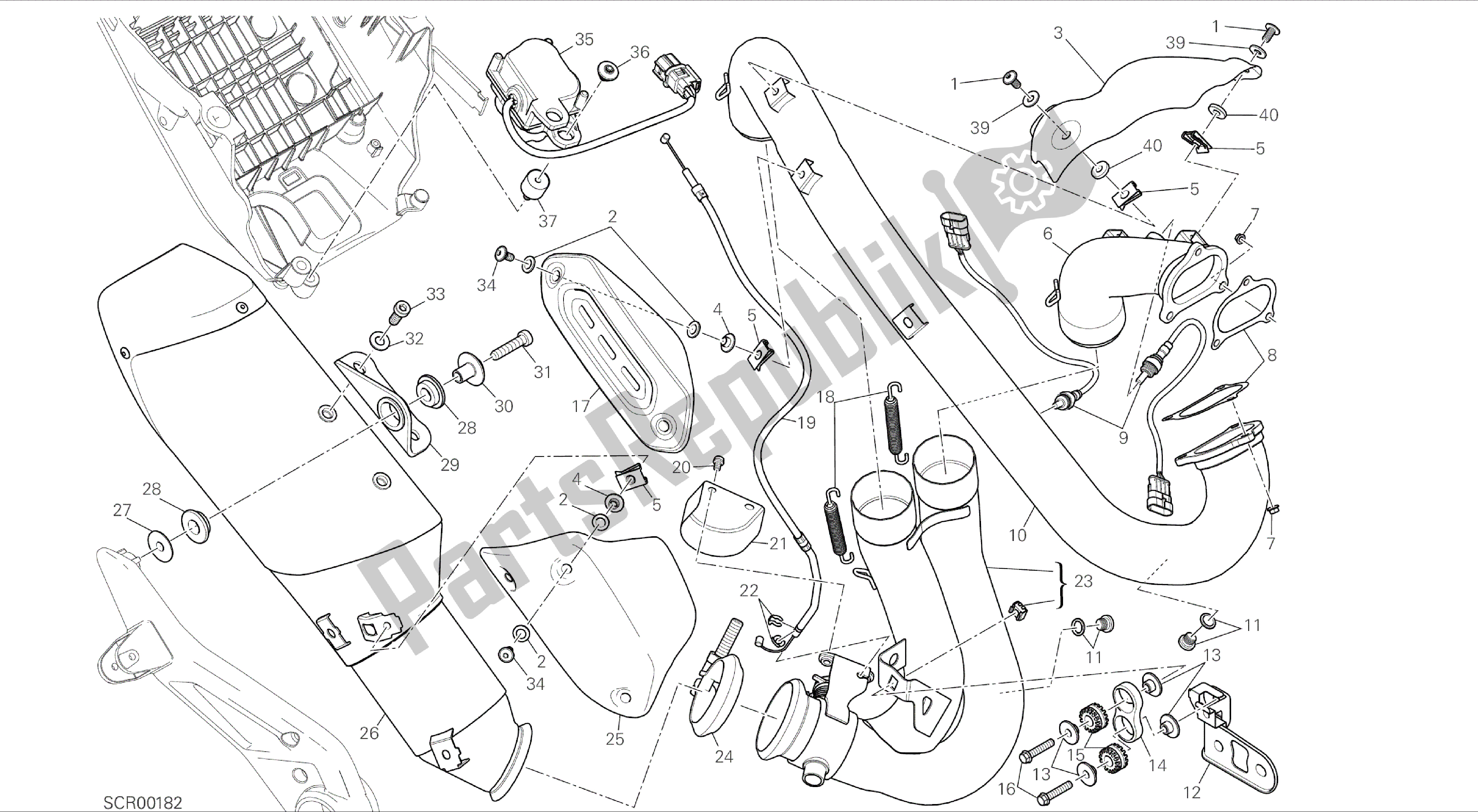 Todas as partes de Desenho 019 - Sistema De Exaustão [mod: Hym; Xst: Aus, Chn, Eur, Fra, Jap, Tha, Twn] Quadro De Grupo do Ducati Hypermotard 821 2014