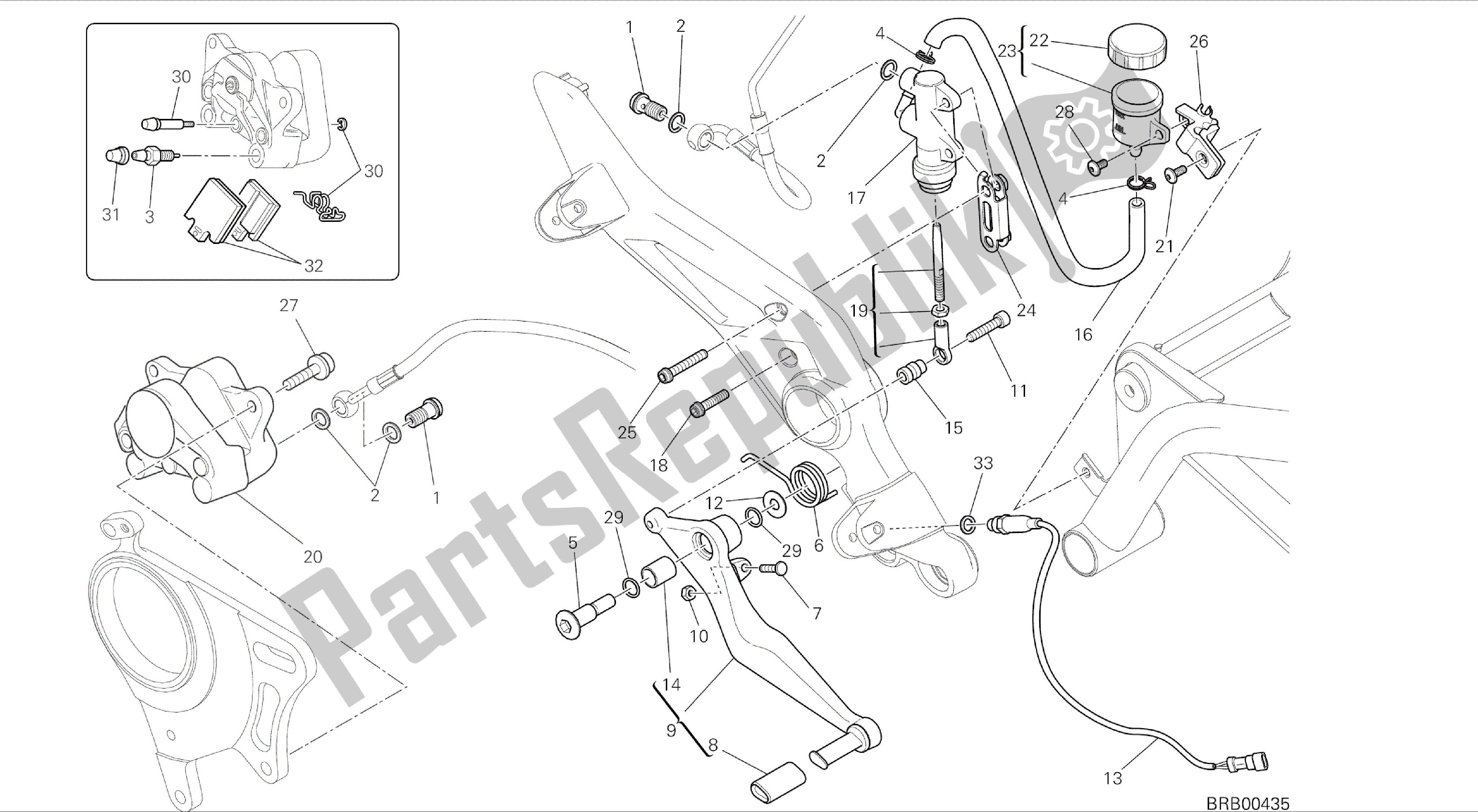 Alle onderdelen voor de Tekening 025 - Achterremsysteem [mod: Hym; Xst: Aus, Chn, Eur, Fra, Jap, Tha, Twn] Groepsframe van de Ducati Hypermotard 821 2014