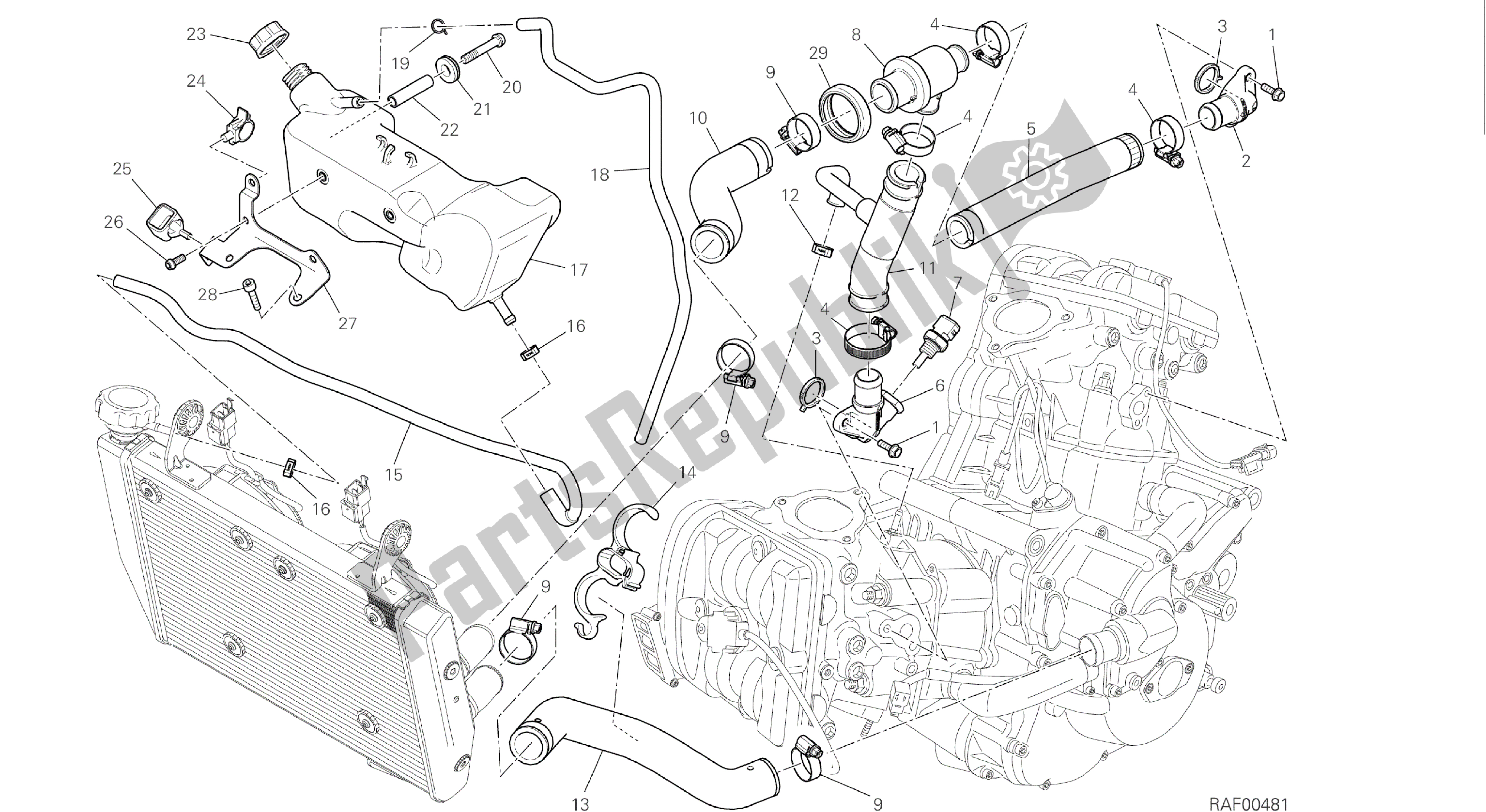 All parts for the Drawing 031 - Cooling Circuit [mod:hym-sp;xst:aus,eur,fra,jap,twn]group Frame of the Ducati Hypermotard SP 821 2014