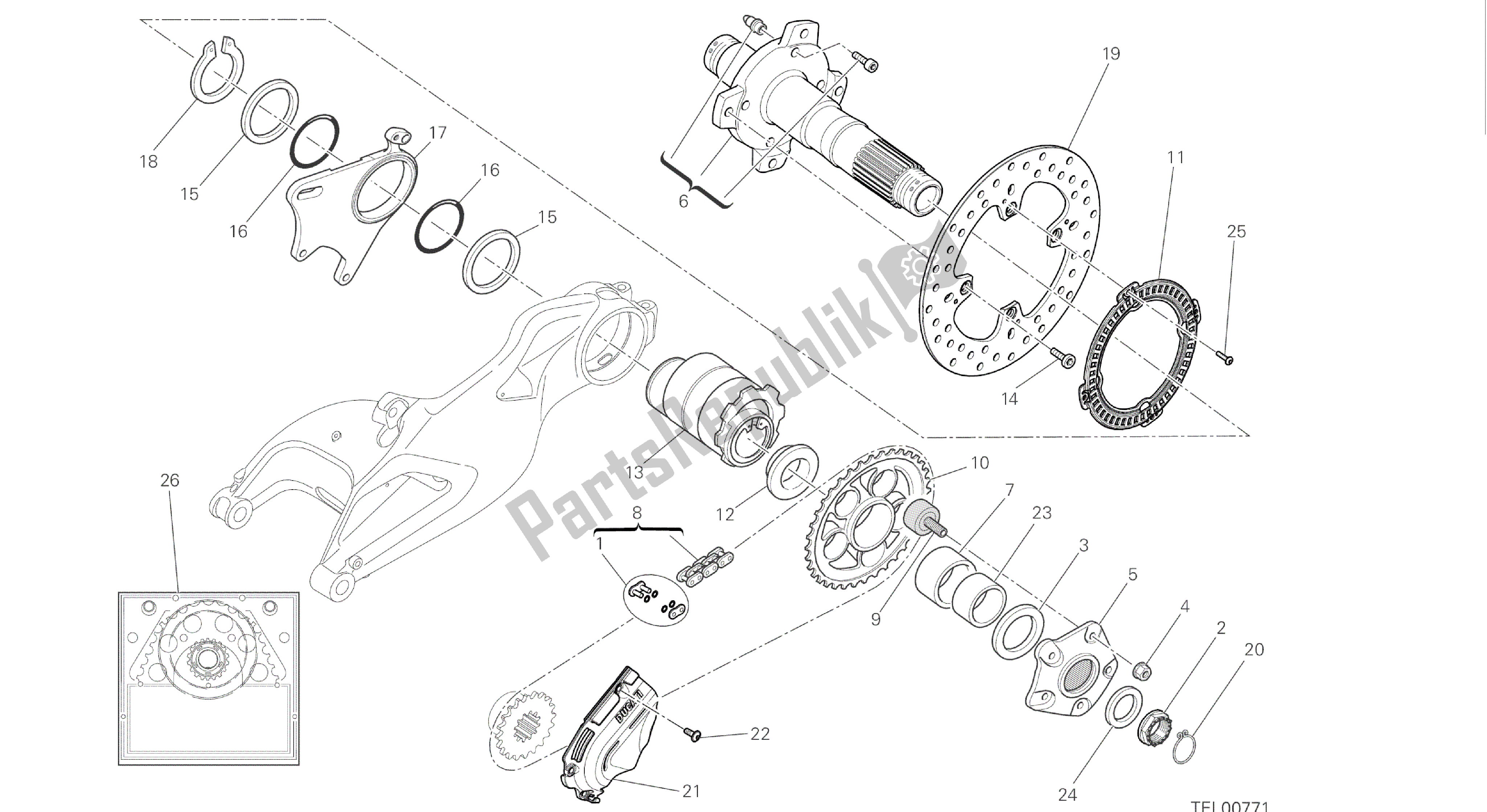 Wszystkie części do Rysunek 26a - Piasta, Ko? O Tylne [mod: Hym-sp; Xst: Aus, Eur, Fra, Jap, Twn] Grupa Rama Ducati Hypermotard SP 821 2014