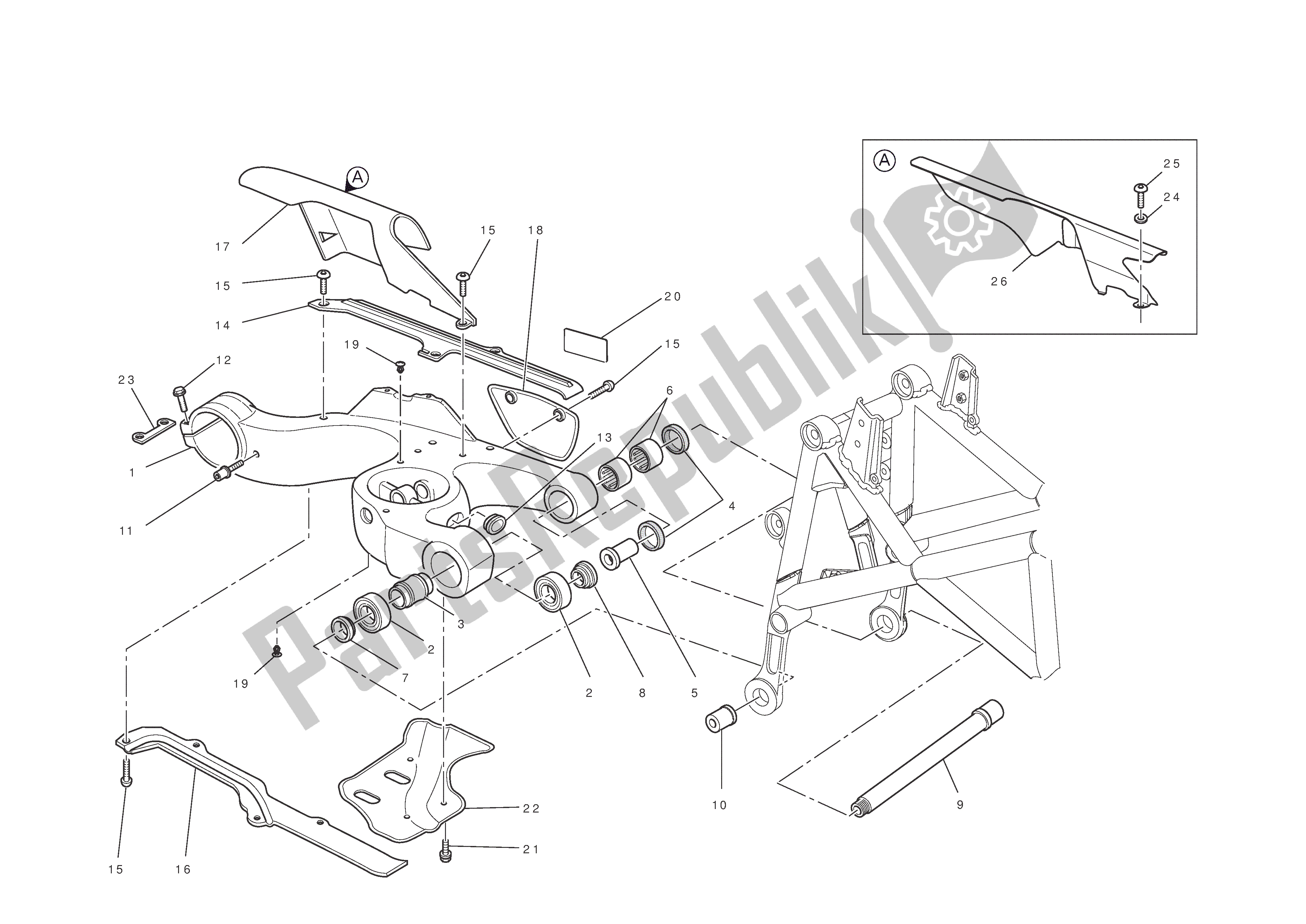 All parts for the Swingarm of the Ducati Hypermotard 796 2010