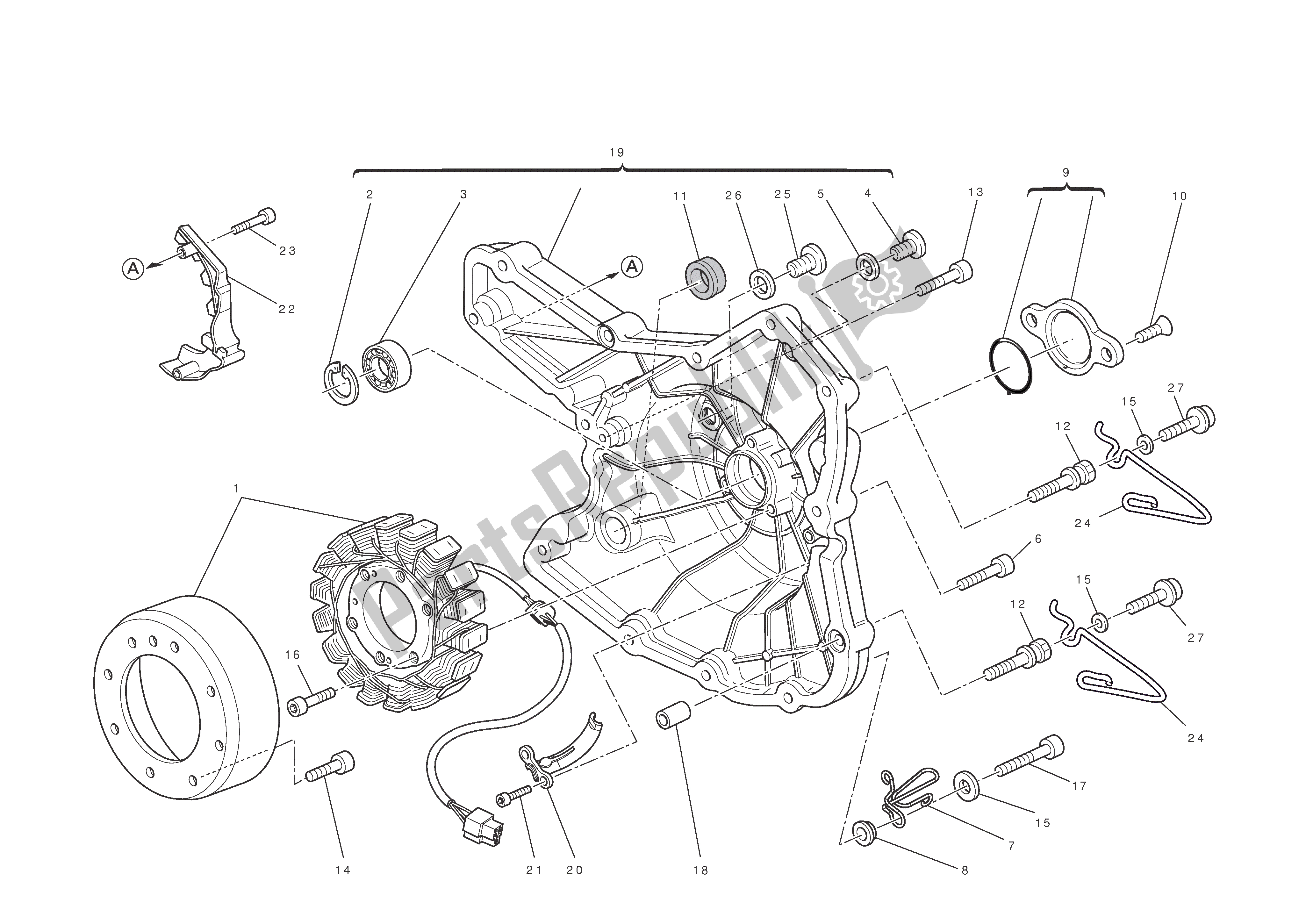 All parts for the Alternator-side Crankcasecover of the Ducati Hypermotard 796 2010