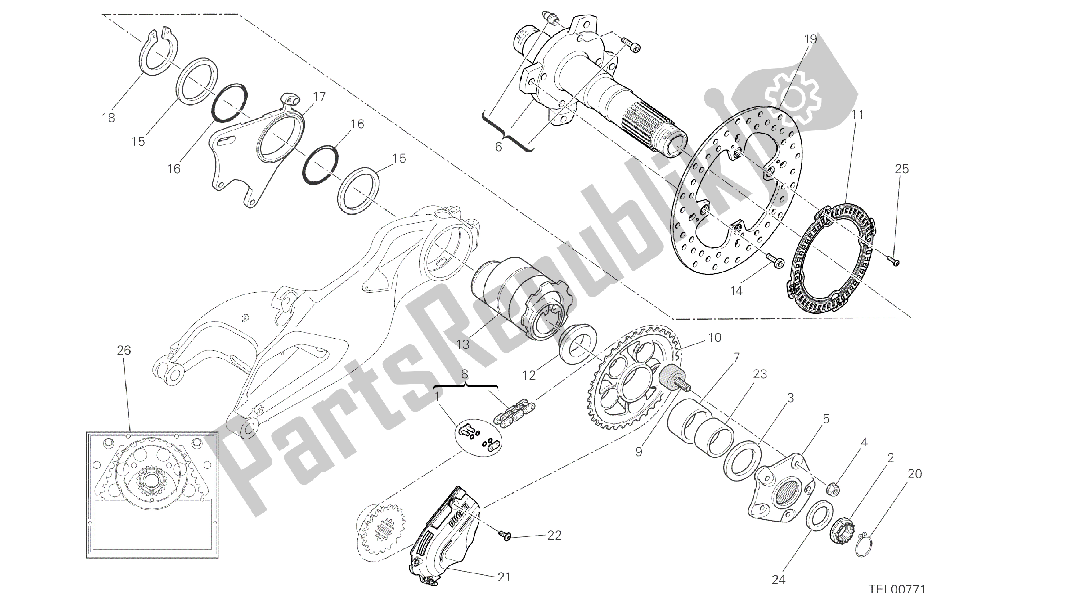 Todas as partes de Desenho 26a - Cubo, Roda Traseira [mod: Hypstr; Xst: Aus, Chn, Eur, Fra, Jap, Tha, Twn] Quadro De Grupo do Ducati Hypermotard 821 2014