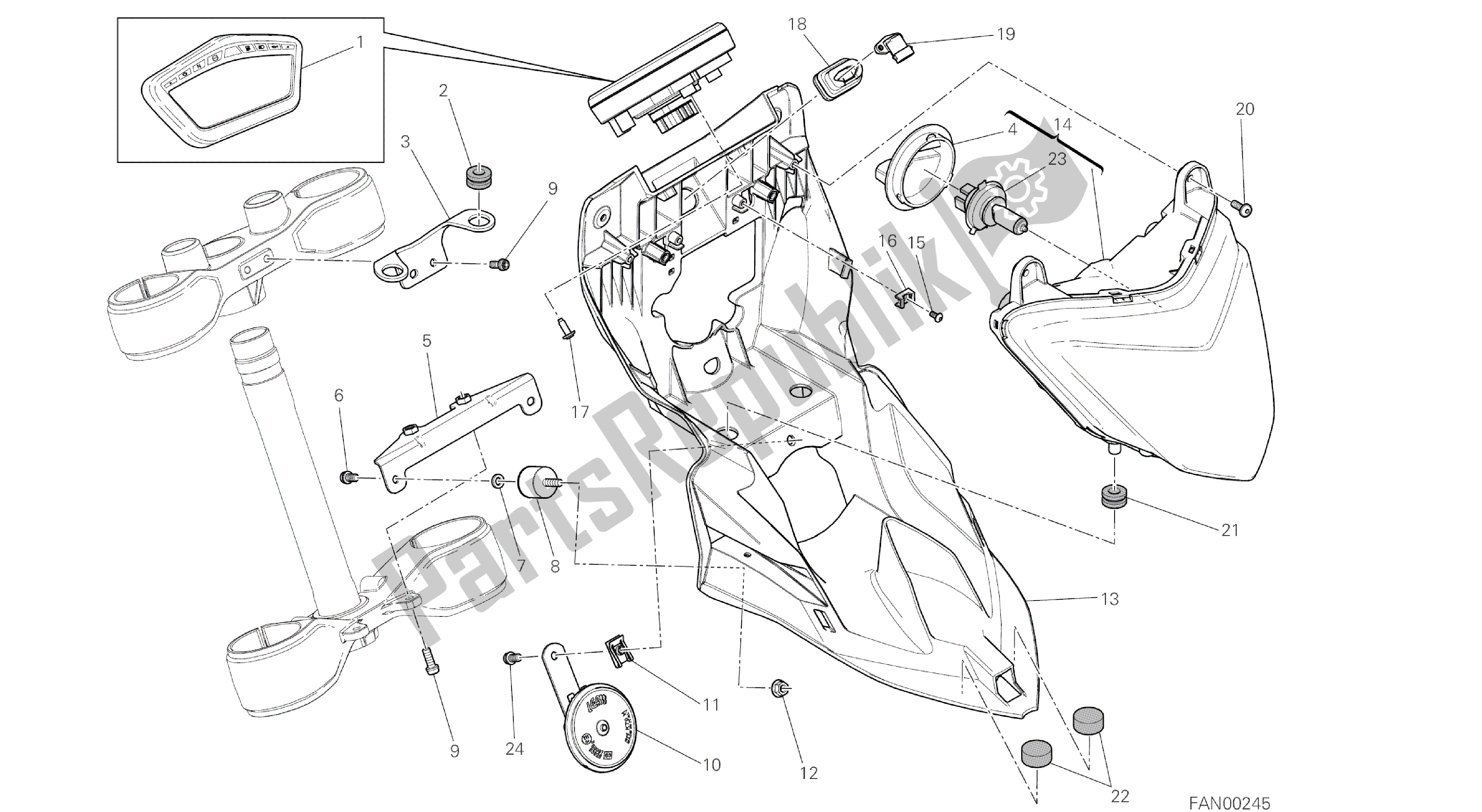 Alle onderdelen voor de Tekening 020 - Fanale Anteriore E Cruscotto [mod: Hypstr; Xst: Aus, Chn, Eur, Fra, Jap, Tha, Twn] Group Electric van de Ducati Hypermotard 821 2014