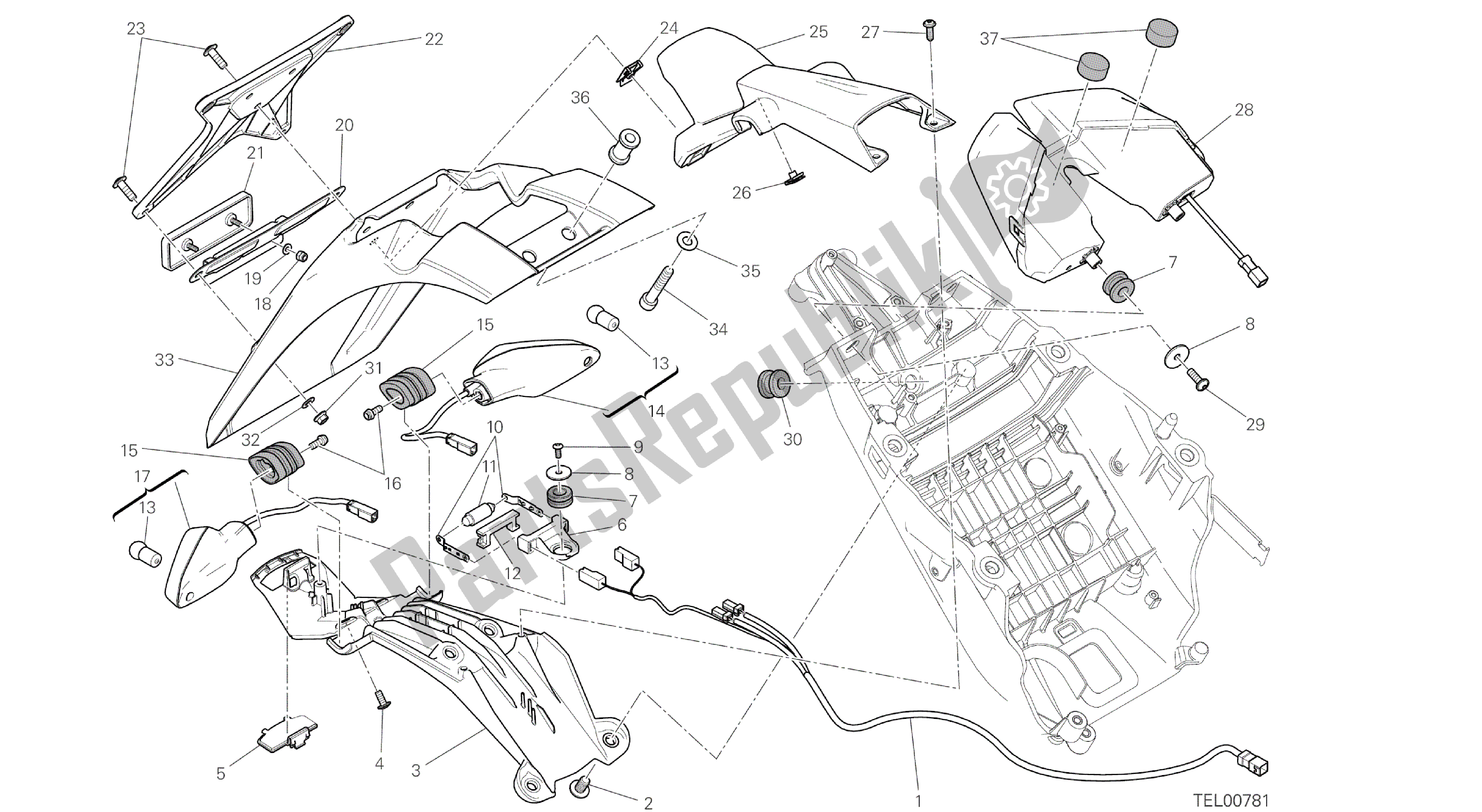 Todas las partes para Dibujo 27c - Soporte De Matrícula - Luz Trasera - (aus) [mod: Hyp Str; Xst: Aus] Grupo Eléctrico de Ducati Hypermotard 821 2014