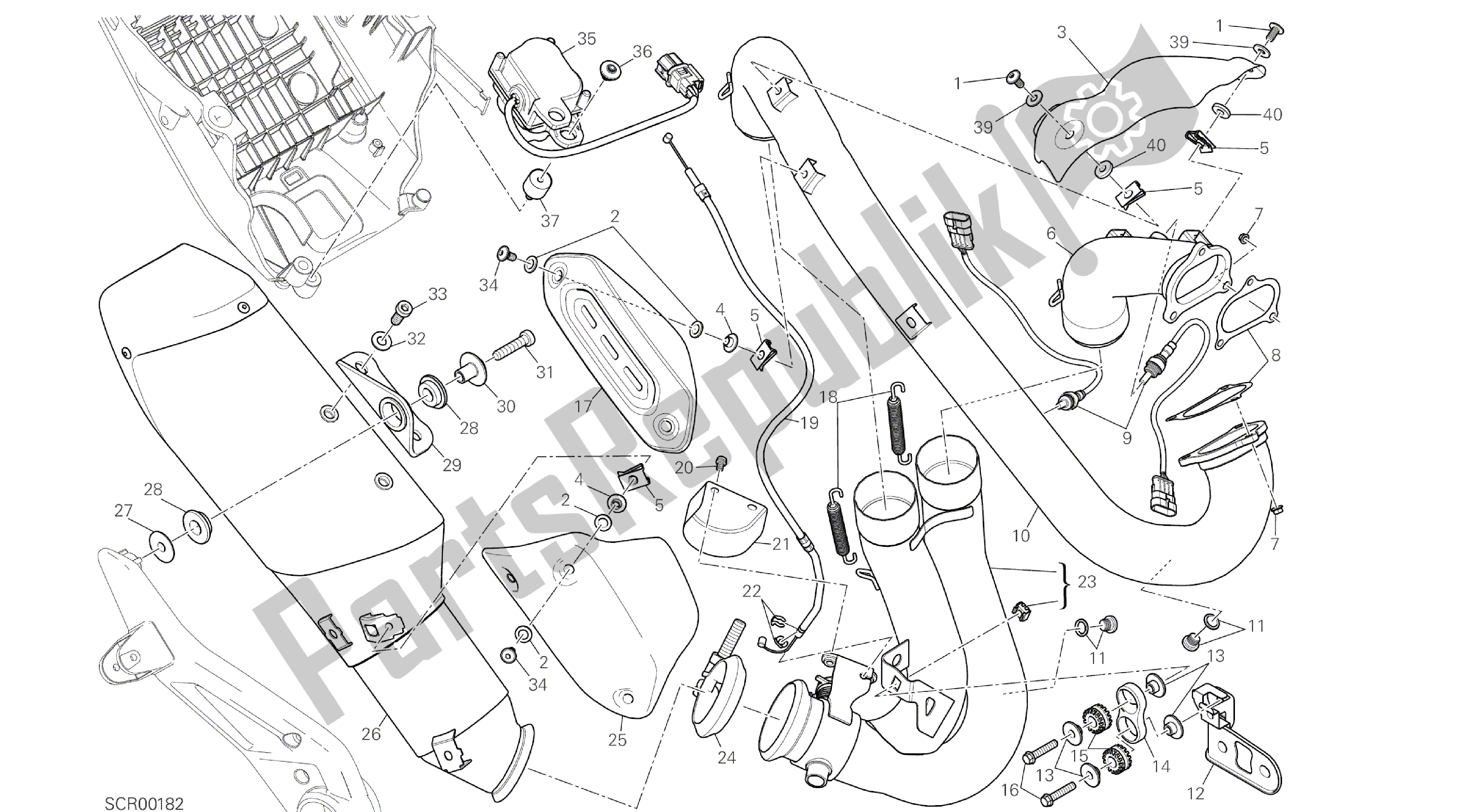 Todas as partes de Desenho 019 - Sistema De Exaustão [mod: Hypstr; Xst: Aus, Chn, Eur, Fra, Jap, Tha, Twn] Quadro De Grupo do Ducati Hypermotard 821 2014