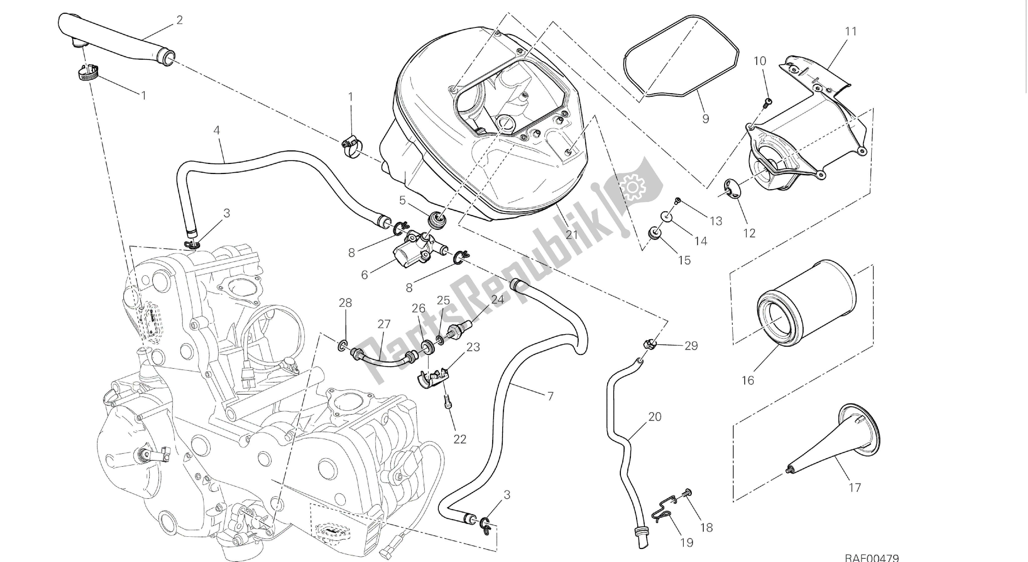 Todas as partes de Desenho 029 - Entrada De Ar - Respirador De óleo [mod: Hypstr; Xst: Aus, Eur, Fra, Jap, Twn] Quadro De Grupo do Ducati Hypermotard 821 2015