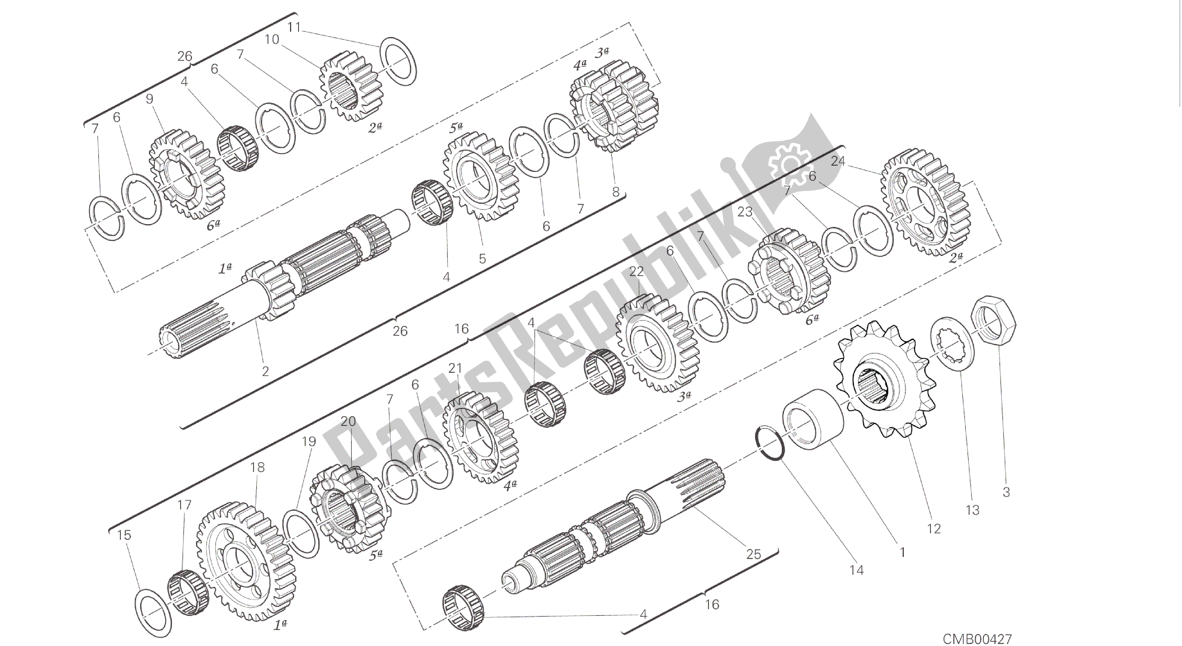 Todas as partes de Desenho 003 - Caixa De Engrenagens [mod: Hyp Str; Xst: Aus, Eur, Fra, Jap, Twn] Motor De Grupo do Ducati Hypermotard 821 2015