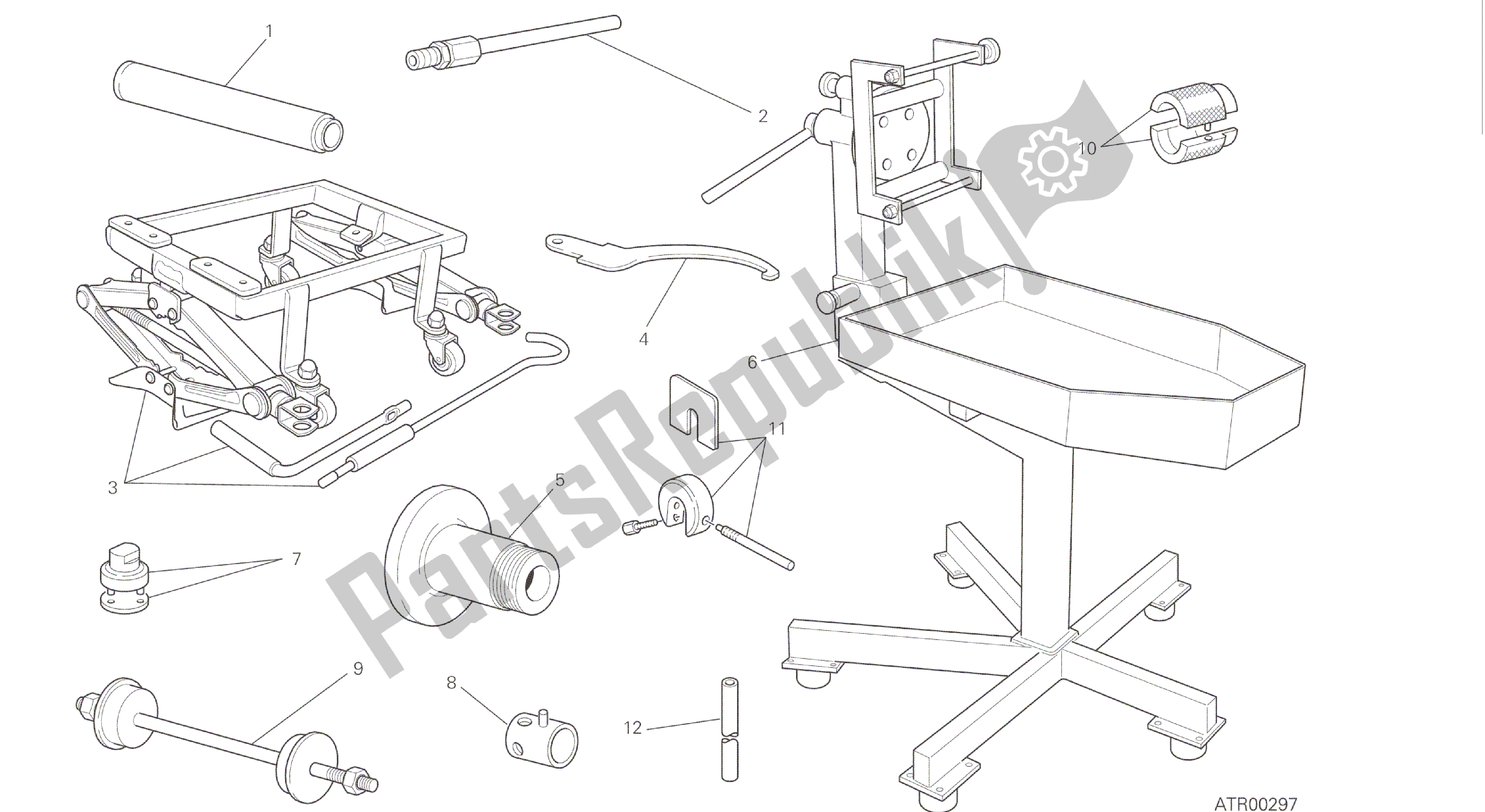 Alle onderdelen voor de Tekening 01a - Werkplaats Service Tools (frame) [mod: Hypstr; Xst: Aus, Eur, Fra, Jap, Twn] Groepstools van de Ducati Hypermotard 821 2015