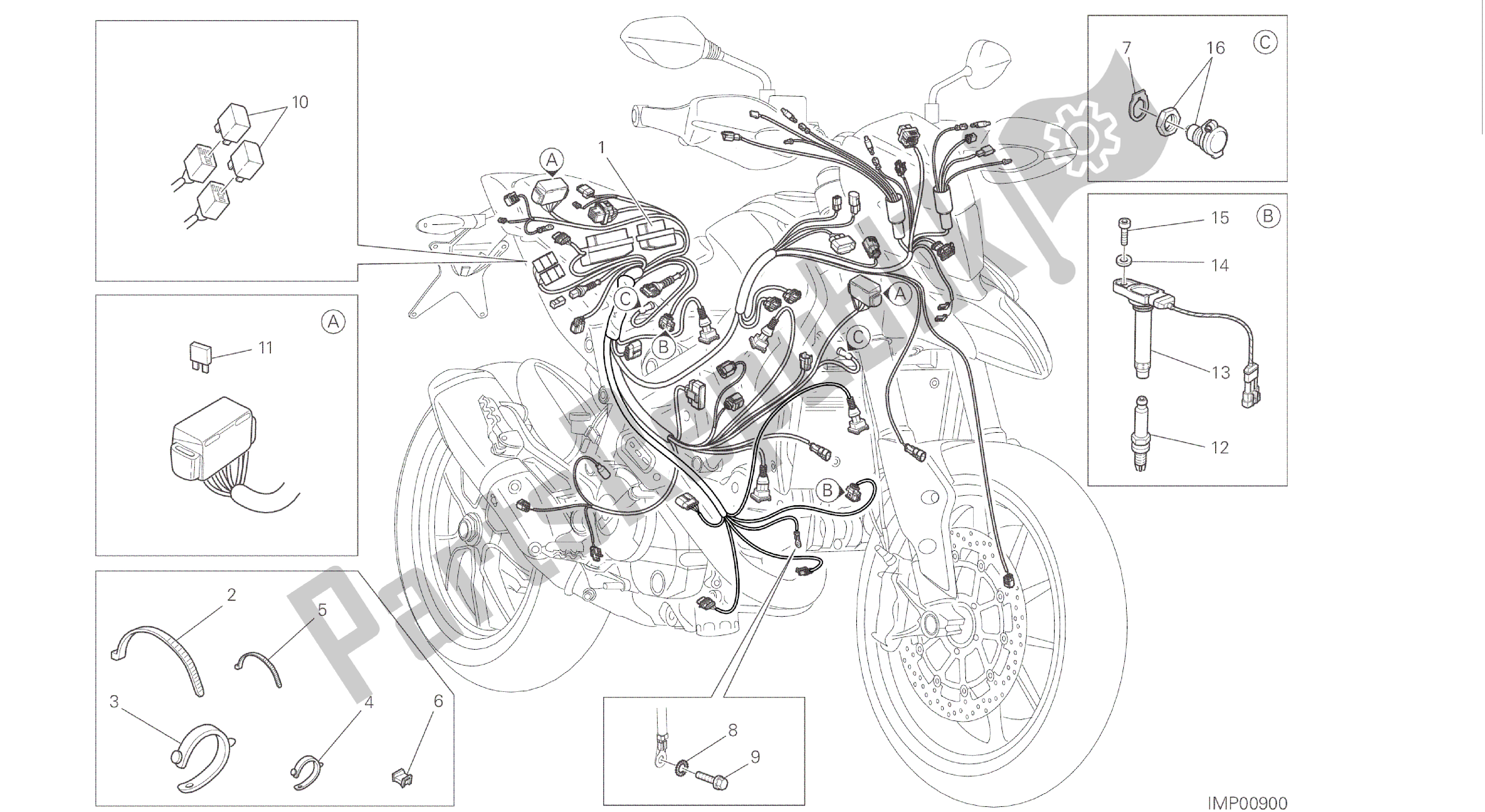 Todas as partes de Desenho 018 - Chicote Elétrico [mod: Hyp Str; Xst: Aus, Eur, Fra, Jap, Twn] Grupo Elétrico do Ducati Hypermotard 821 2015