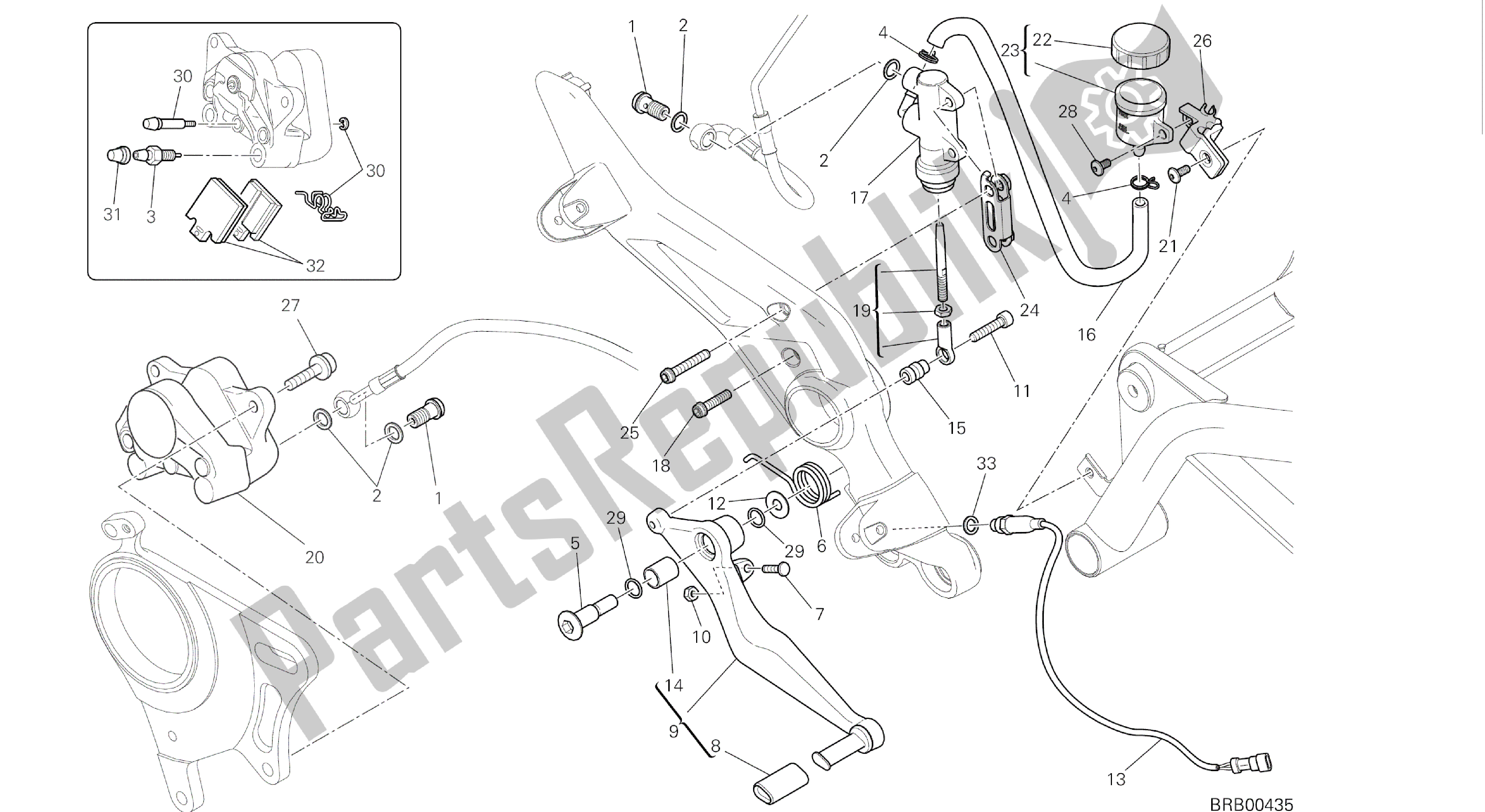 Todas as partes de Desenho 025 - Sistema De Freio Traseiro [mod: Hyp Str; Xst: Aus, Eur, Fra, Jap, Twn] Quadro De Grupo do Ducati Hypermotard 821 2015