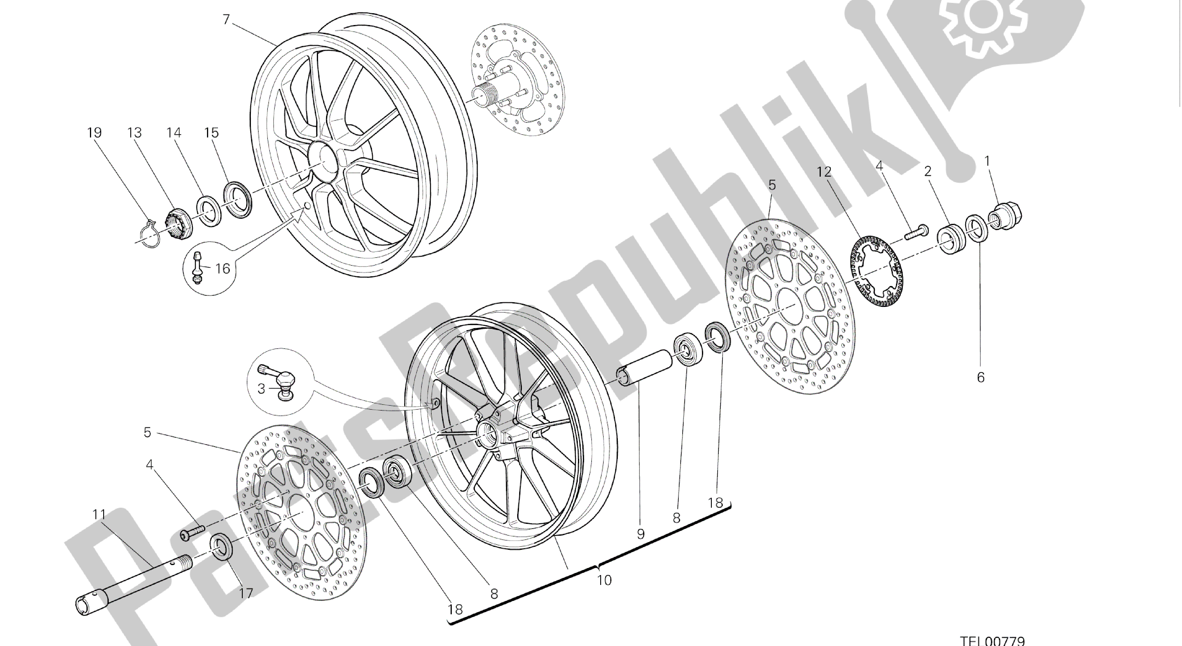 Todas as partes de Desenho 026 - Ruota Anteriore E Posteriore [mod: Hypstr; Xst: Aus, Eur, Fra, Jap, Twn] Quadro De Grupo do Ducati Hypermotard 821 2015