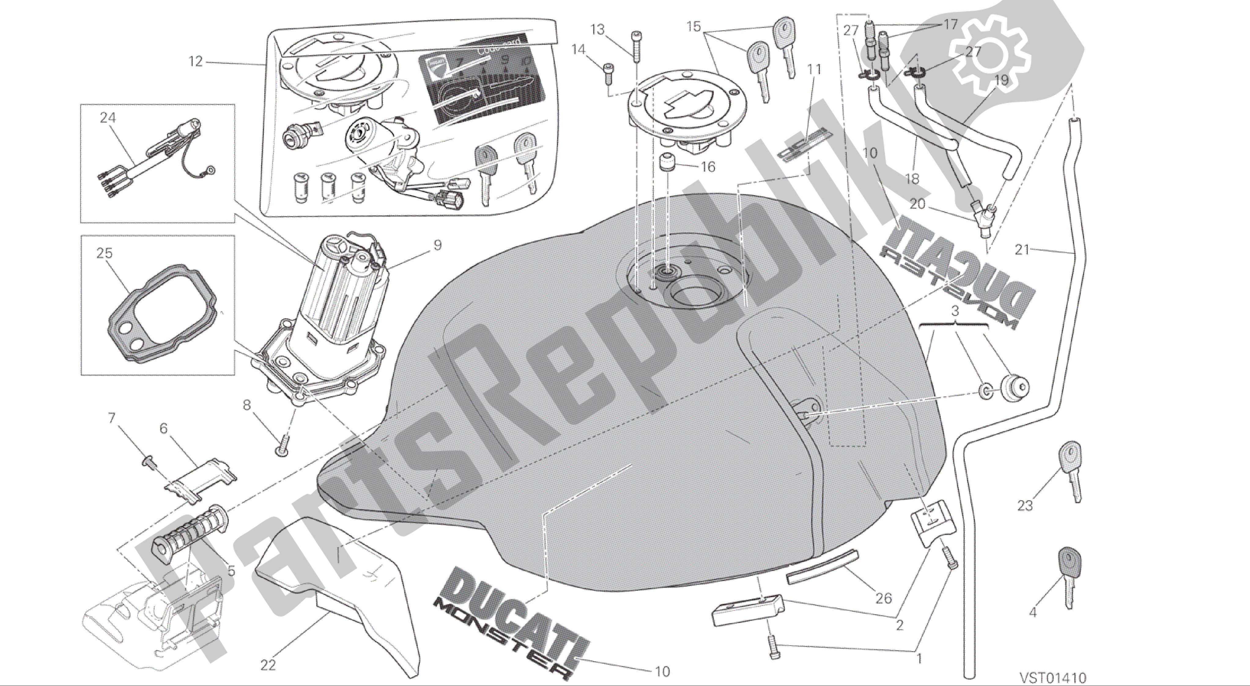 All parts for the Drawing 032 - Fuel Tank [mod:m 1200;xst:aus,bra,eur,fra,jap]group Frame of the Ducati Monster 1200 2015