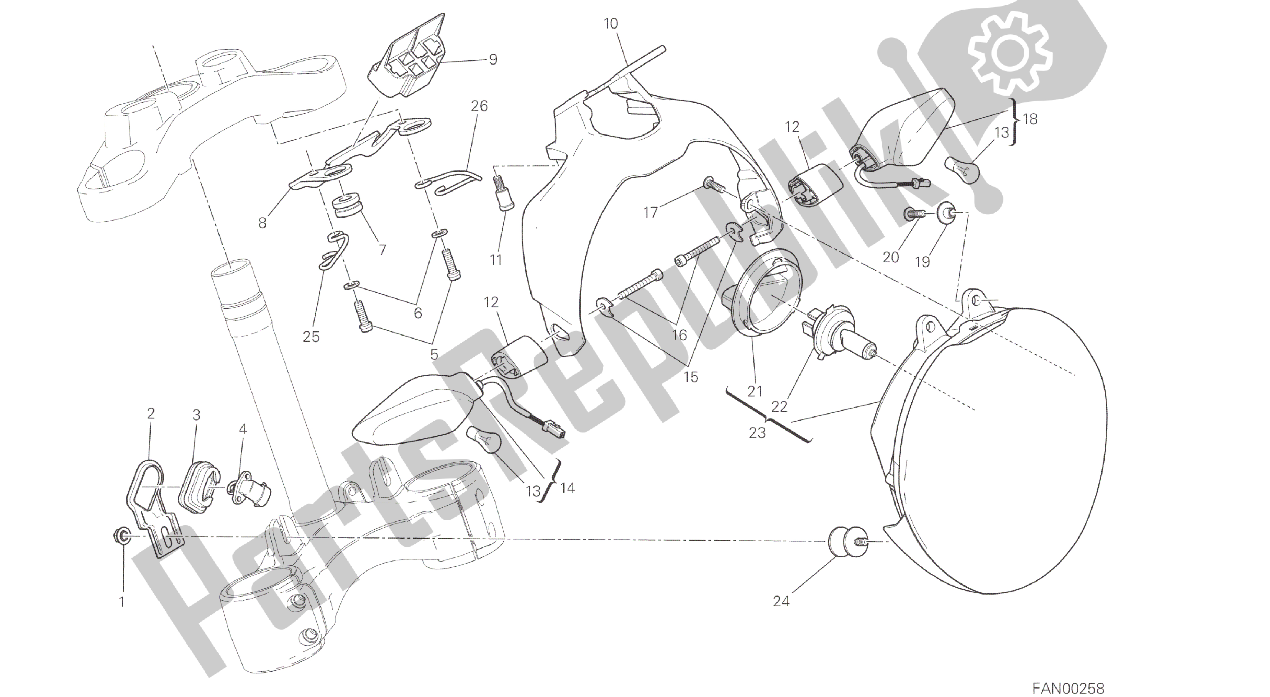 Todas las partes para Dibujo 020 - Faro [mod: M 1200; Xst: Aus, Bra, Chn, Eur, Fra, Jap, Twn] Grupo Eléctrico de Ducati Monster 1200 2015