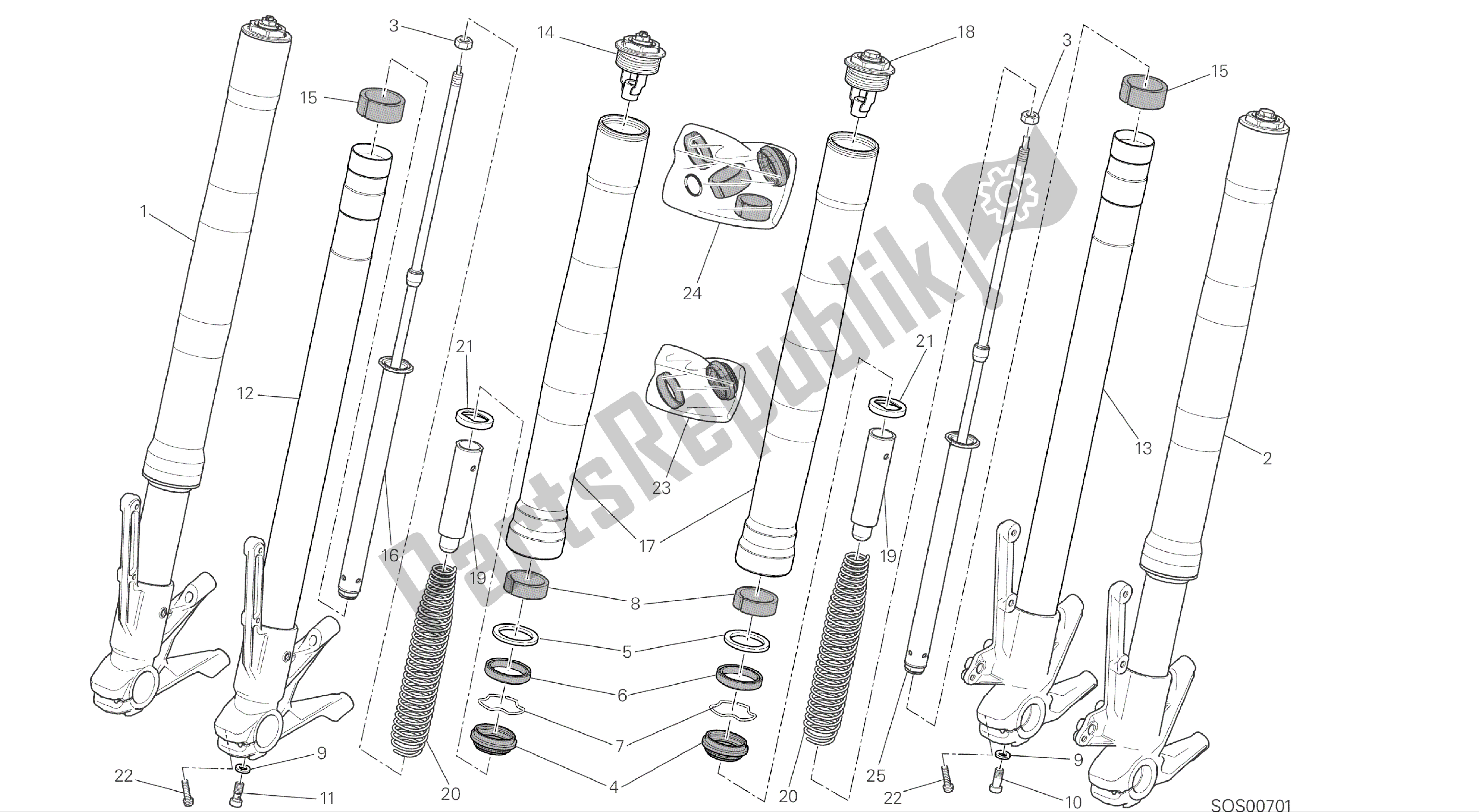 Todas as partes de Desenho 21a - Forquilha Dianteira [mod: M 1200; Xst: Aus, Bra, Eur, Fra, Jap, Twn] Quadro De Grupo do Ducati Monster 1200 2015