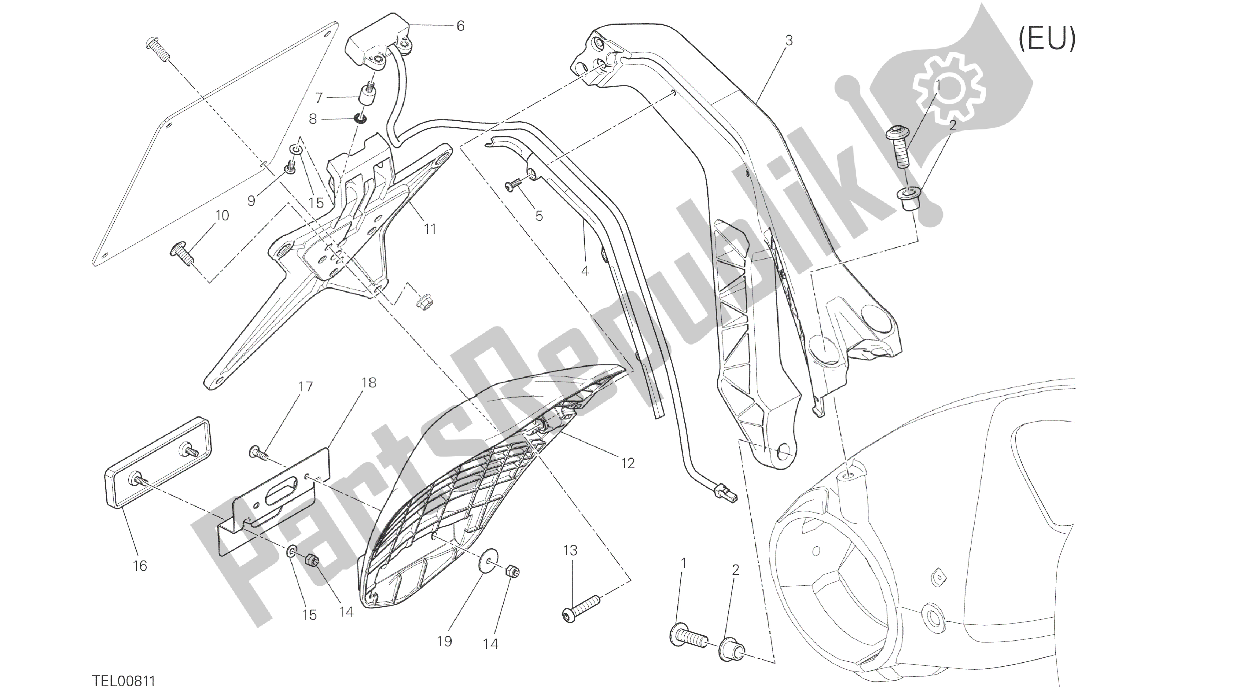 Todas las partes para Dibujo 28b - Portaplacas [mod: M 1200; Xst: Eur, Fra, Jap, Twn] Grupo Eléctrico de Ducati Monster 1200 2015