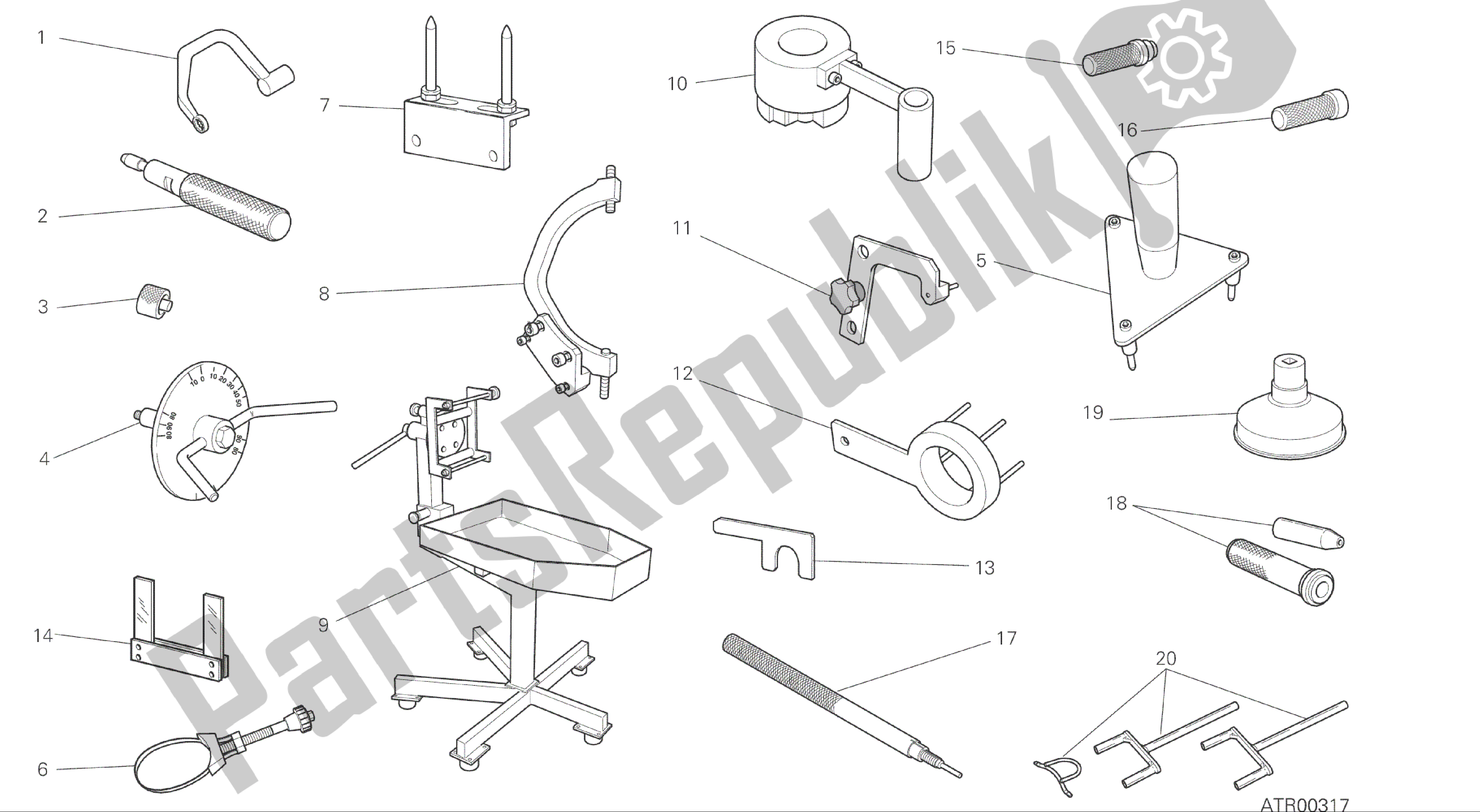 Todas las partes para Dibujo 001 - Herramientas De Servicio De Taller, Herramientas De Grupo Motor [mod: M 1200] de Ducati Monster 1200 2015