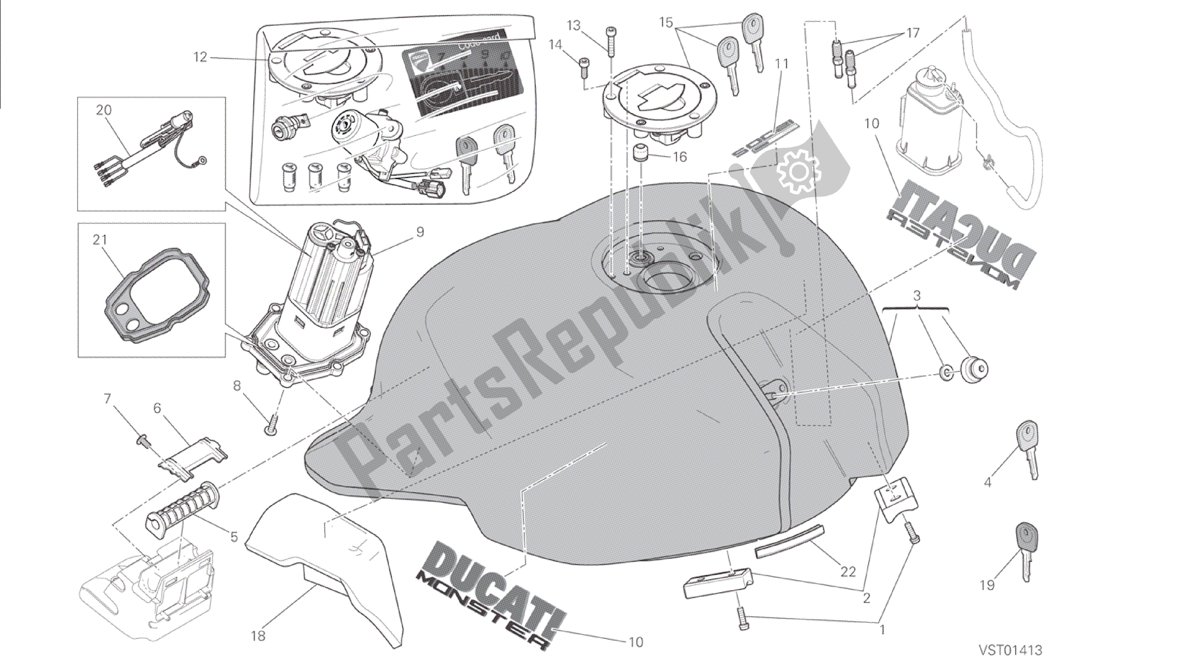 Alle onderdelen voor de Tekening 032 - Brandstoftank [mod: M 1200s; Xst: Chn, Twn] Groepsframe van de Ducati Monster S 1200 2015