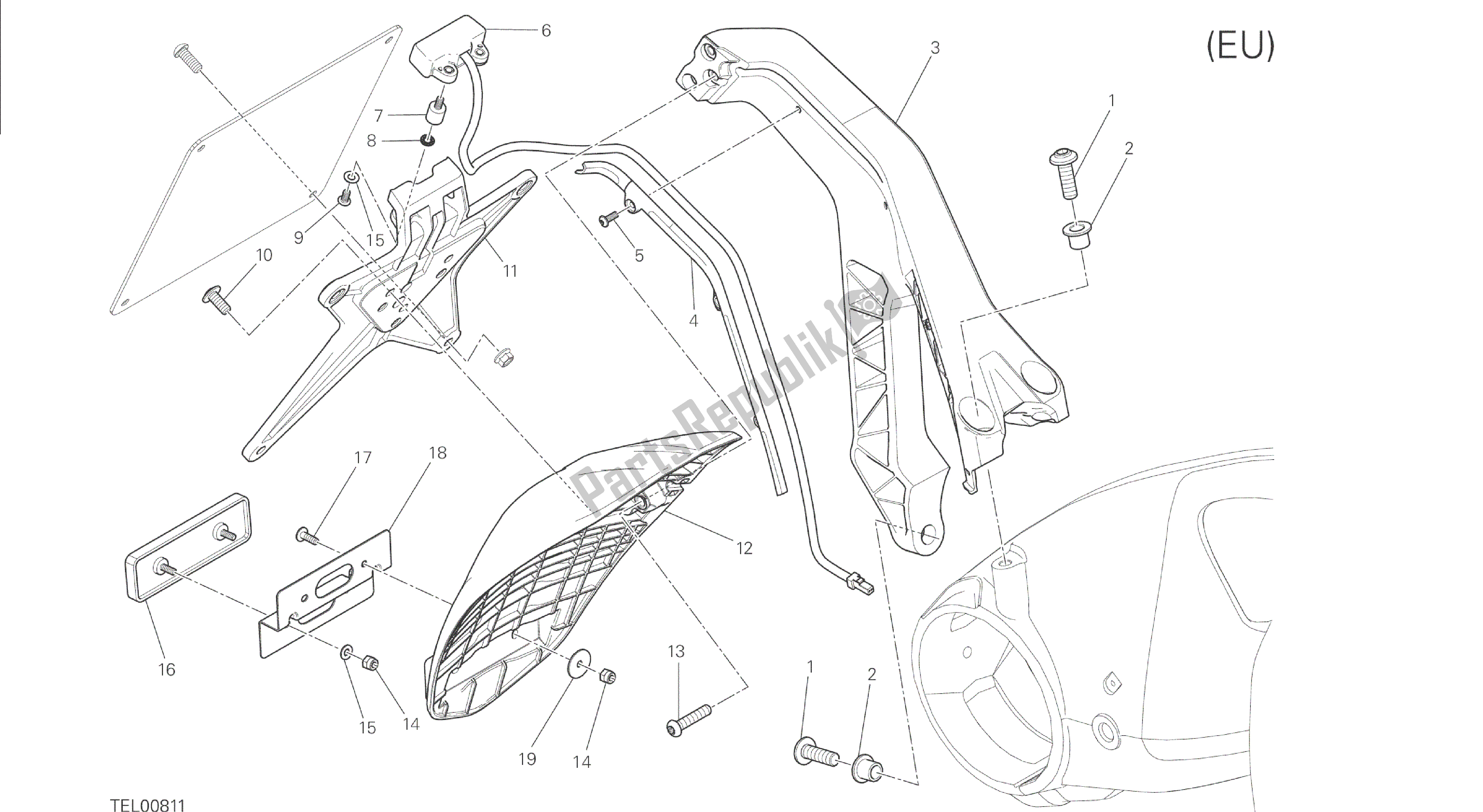 Todas las partes para Dibujo 28b - Portaplacas [mod: M 1200s; Xst: Eur, Fra, Jap, Twn] Grupo Eléctrico de Ducati Monster S 1200 2015